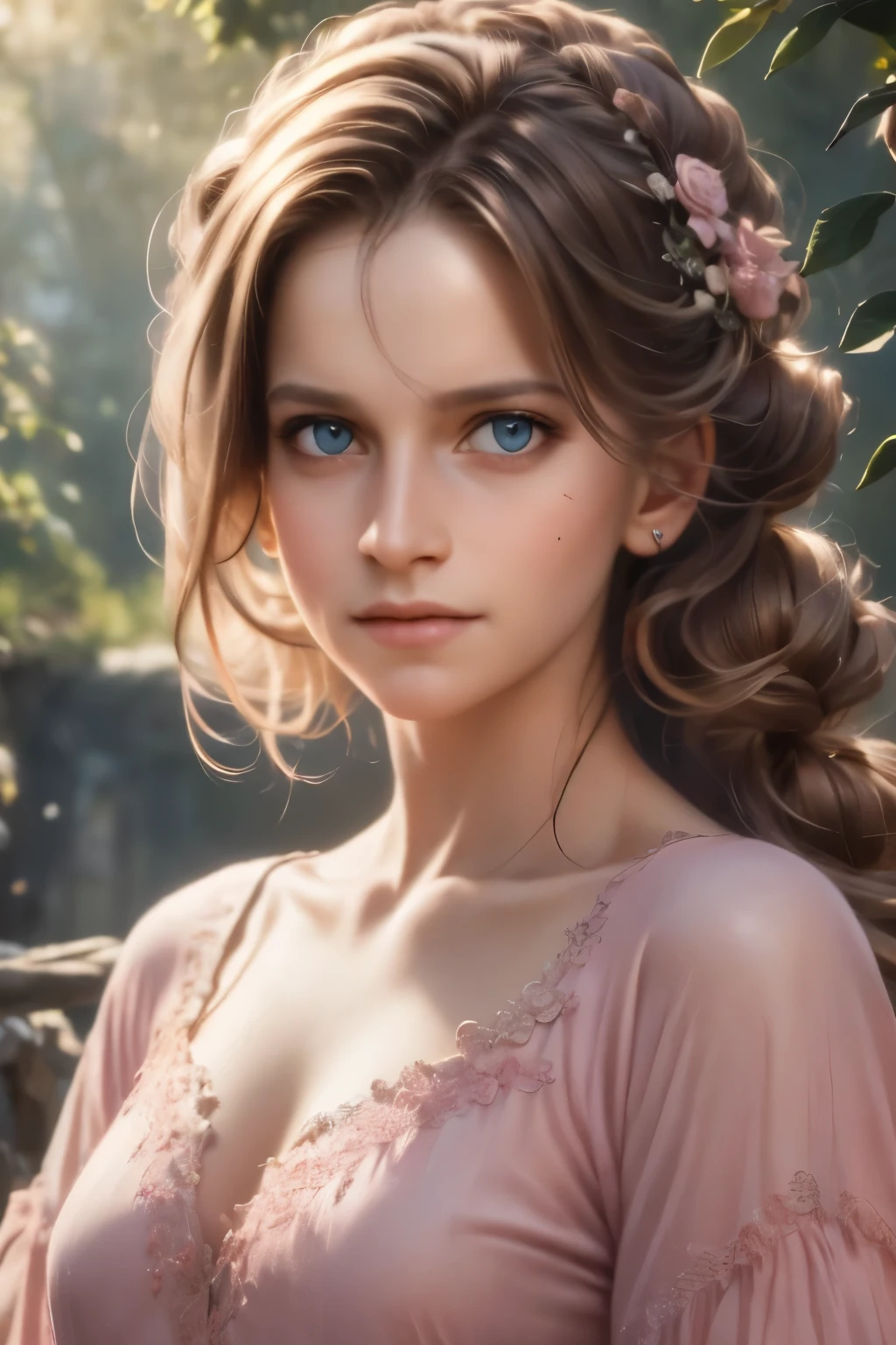 8K, Best Quality, Masterpiece, Ultra High Resolution, (Realism: 1.4), Original Photo, (Realistic Skin Texture: 1.3), (Film Grain: 1.3), (Selfie Angle), 1 Girl, Pink Clothes, Sapphire Color Eyes and Beautiful Face Details, Masterpiece, Best Quality, Close Up, Upper Body