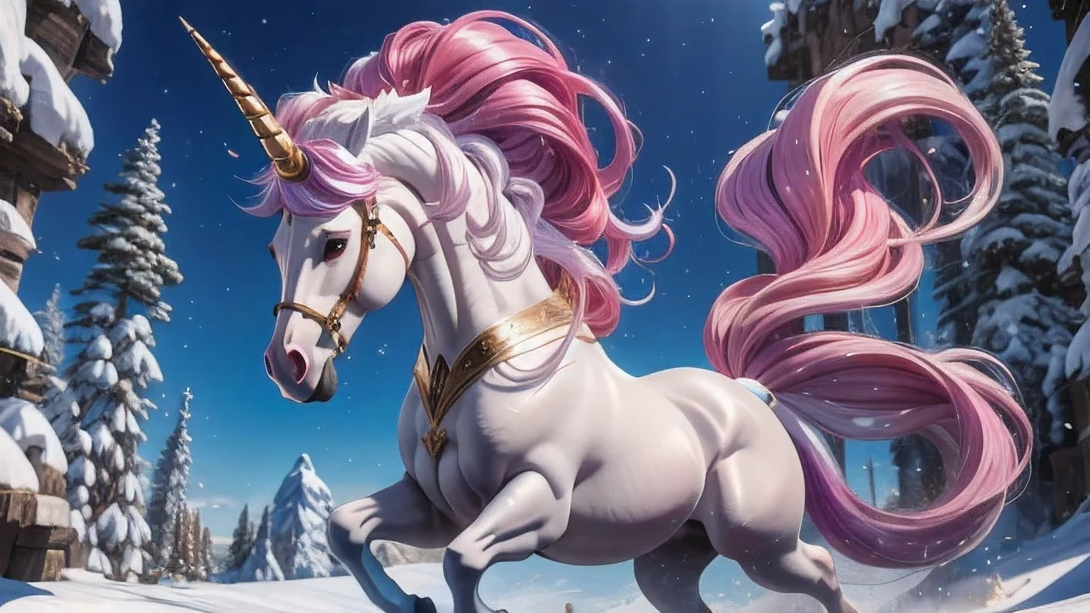 there is a unicorn with a long mane and a pink dress, white unicorn, unicorn, a unicorn, 8k high quality detailed art, 4 k detail fantasy, 4k fantasy art, detailed digital anime art, trending on artstation pixiv, 2. 5 d cgi anime fantasy artwork, （（（Unicorn）））（（ Aluminum Golden Corner））Horse-headed man，Lightning Blessing，Snow，Flowing silk hanfu，Domineering，Heart armor，Canyon landforms
