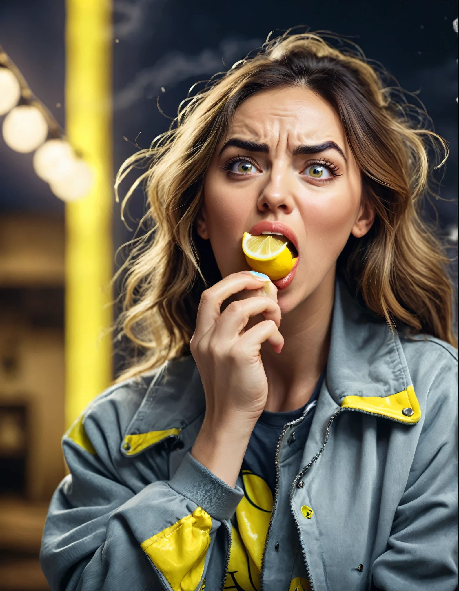 Lemon Eating Challenge, a beautiful woman eating a lemon in her hand, face scrunched up, (eyes narrowed:1.3), face contorted with a disgusted, pained expression, mouth agape, eyebrows furrowed, T-shirts, jackets, lightning animation background