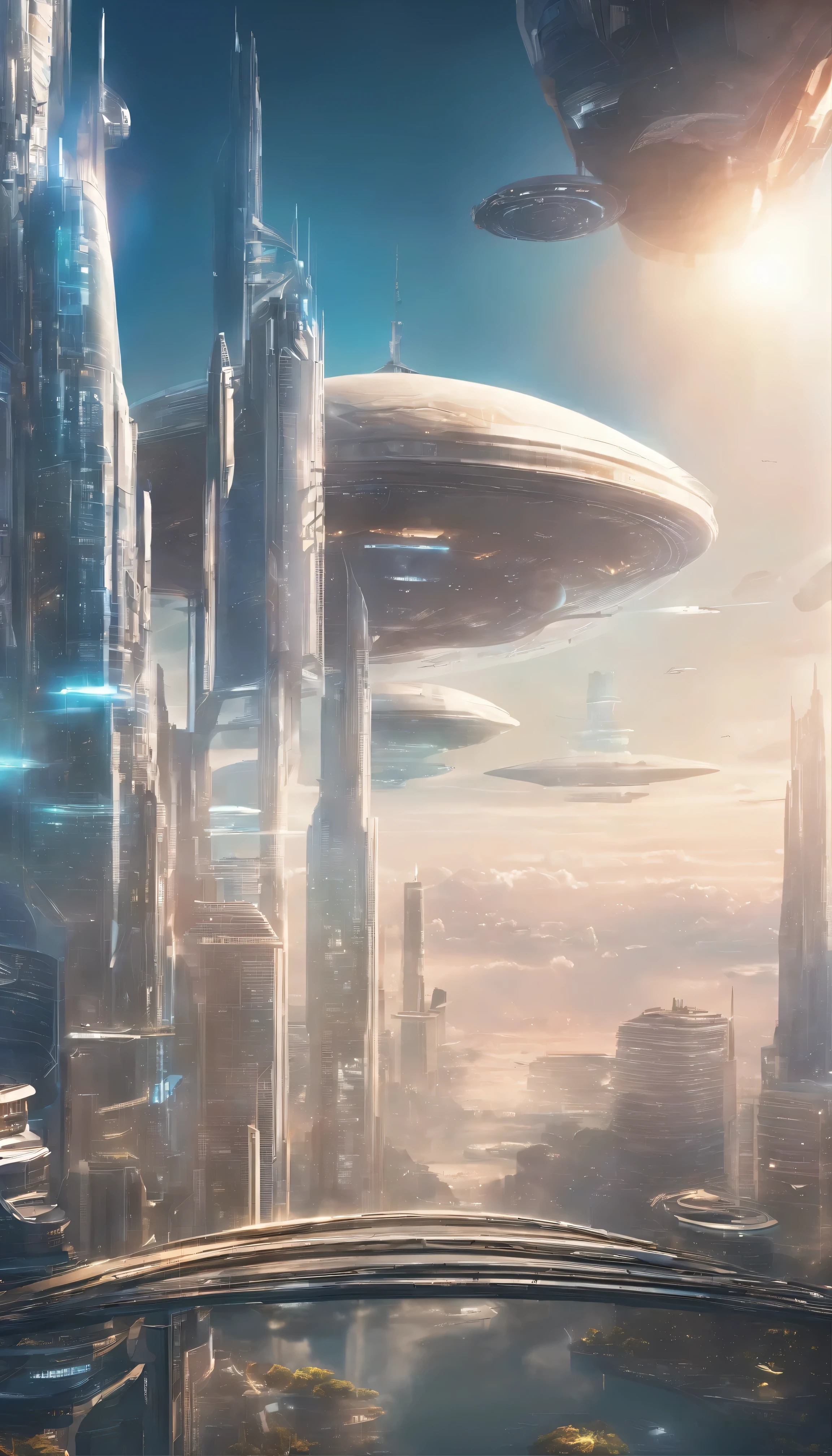 City in the clouds，There are spaceships，Clouds，Sunny，There is a bridge connecting the two buildings，Sunlight shines through the clouds onto the building，Reflects soft light