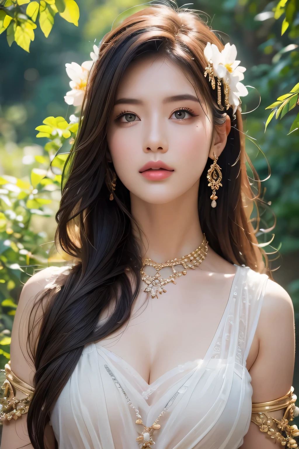 High-quality work,Realistic works,Super premium graphics,8K HD CG works,high quality graphics,High-definition and exquisite CG works,10x pixels,Ultra-fine details:1.1,Advanced technical details:1.1Realistic photo effects,Interior lighting effects:1.5,natural soft light:1.5. Light effect(Virtual light effects:1.8),Ultra-high resolution,shining dress,sliver long hair,silber hair,transparenthair,high detailed hair(Quality hair details:1.1)Clear eyes,Double eyelids look good,Sharp eye makeup, Create exquisite eyelash makeup, tthin eyebrows, Ultra-detailed eyes,a tall nose, lovely red lips, rosey cheeks, With delicate makeup on her face , pretty face, The face shape is perfectly proportioned,(Advanced facial details:1.1)1Girl,(standing,beautiful long_Slender_legs),(korean mixed,kpop idol:1.2),earrings,necklace,(long_brown_wavy_hair),pink_red_shiny_lips,eyelashes,make-up,shiny,Pore,skin texture,big breasts,smile, ((Watercolor floral print t-shirt with delicate and romantic blossoms in soft pastel shades,yoga pants)),((Incredible mountainous panorama, summer, Charming bridges, Rivers)),Dynamic pose,,Women's artwork,Dress full body video,Reality,Amazing Cleavage,My eyes are very bright today