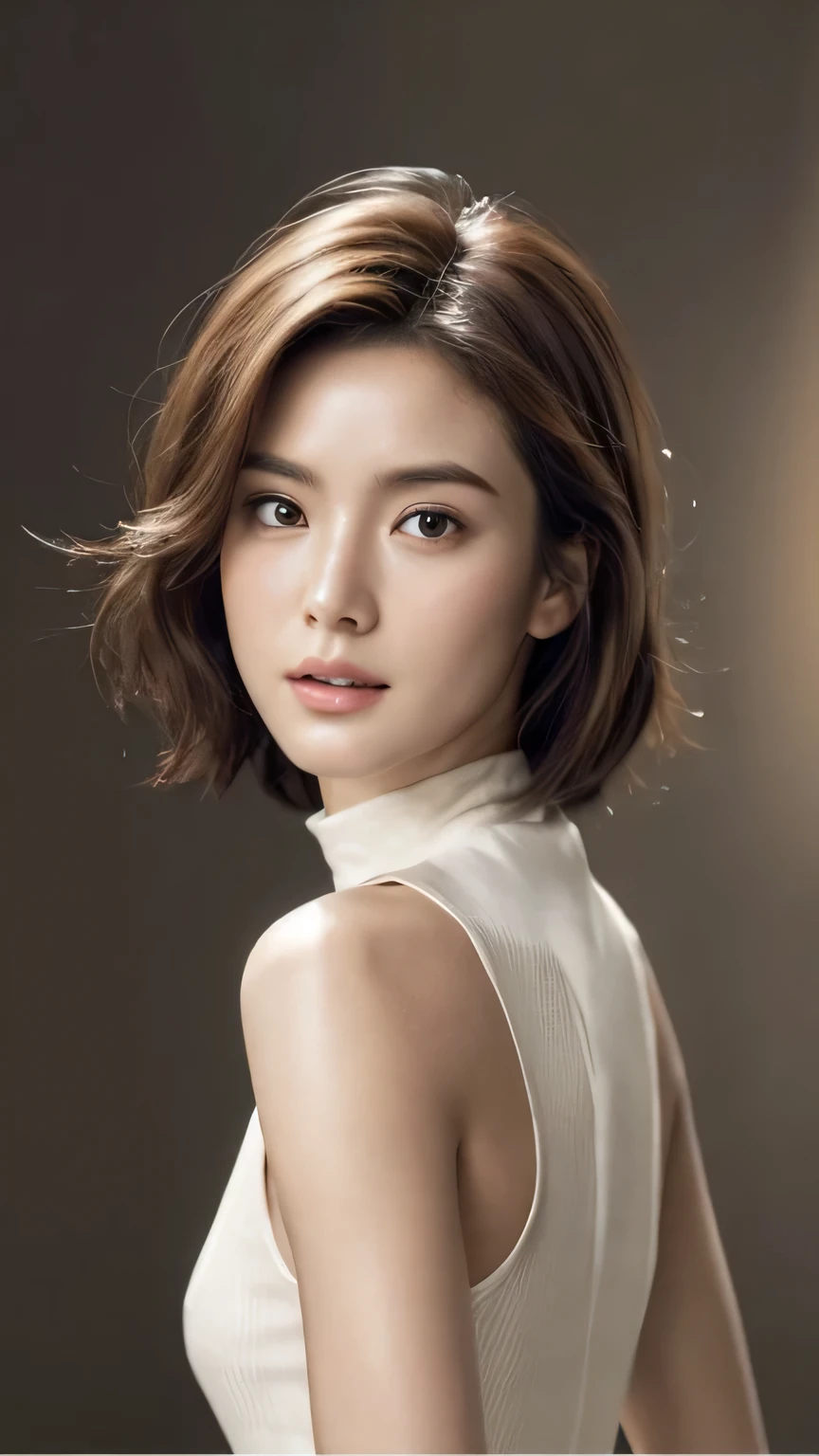 High neck sleeveless silk dress、(Photorealsitic:1.4)、(hyper realisitic:1.4)、(realisitic:1.3)、(Smooth lighting:1.05)、(Improved lighting quality in movies:0.9)、32K、1 super beautiful girl、Tall slender 26-year-old、Realistic lighting、back lighting、Facial light、raytrace、(brightened light:1.2)、(enhanced quality:1.4)、(Top quality real texture skins:1.4)、finely eye、finerly detailed face、Fine quality eye、(Tired, sleepy and satisfied:0.0)、 close up of face、Beautiful short brown hair、(enhance body line mood:1.1)、(Increase the beauty of skin texture:1.1)