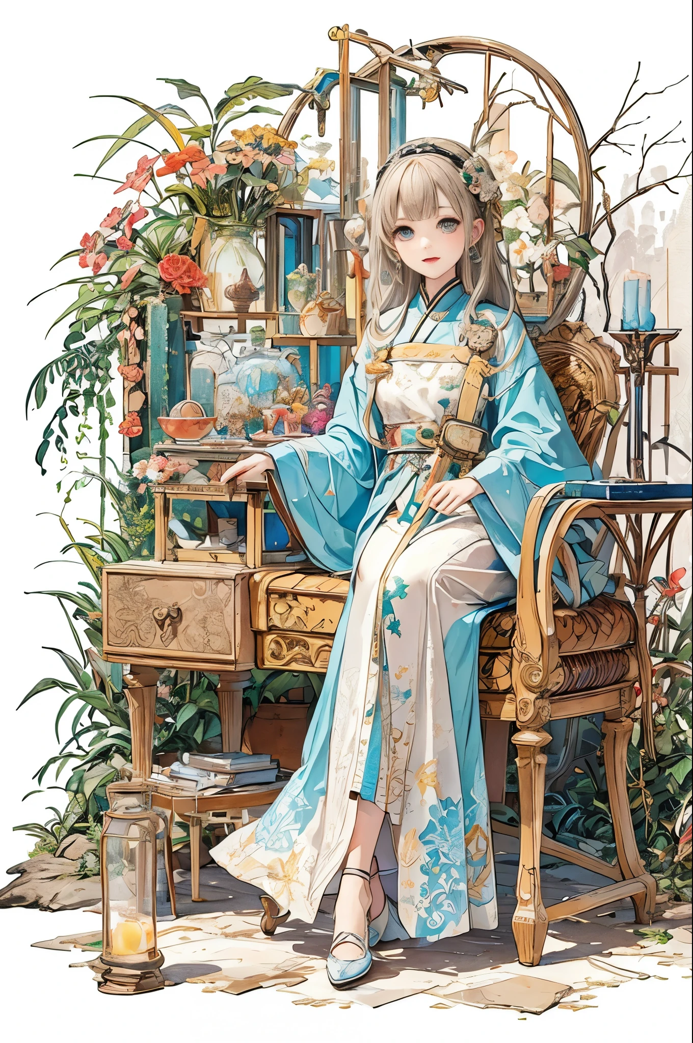 (On the table, Highest quality, best quality, Official Art, beautiful and aesthetic:1.2), (1 Girl), Very detailed,(Fractal Art:1.3),rich and colorful,Highest detail,Eye color is blue-green、