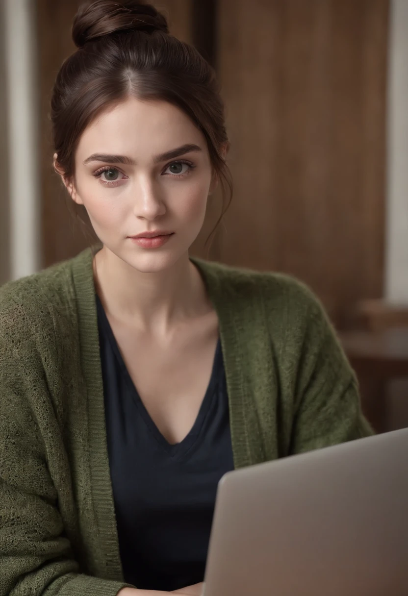 1 girl with a brown hair ,lily white skin and muddy green eyes in a cardigan with a messy bun and a laptop with documents 