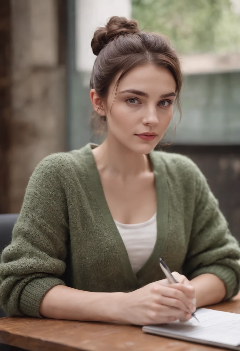 1 girl with a brown hair ,lily white skin and muddy green eyes in a cardigan with a messy bun and a laptop with documents