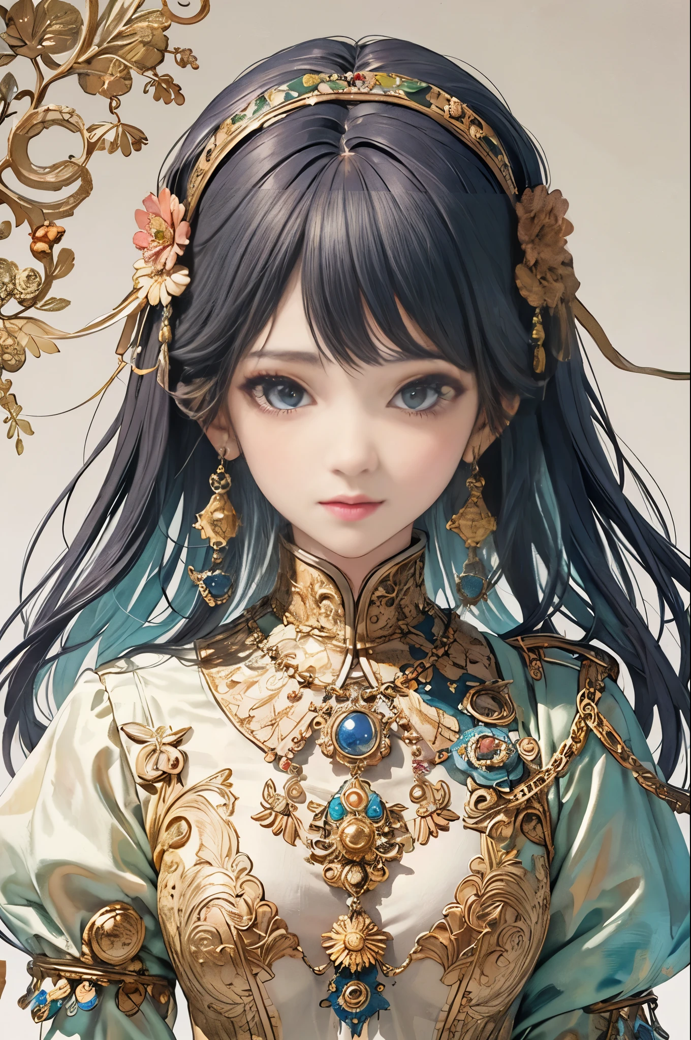 (On the table, Highest quality, best quality, Official Art, beautiful and aesthetic:1.2), (1 Girl), Very detailed,(Fractal Art:1.3),rich and colorful,Highest detail,Eye color is blue-green、
