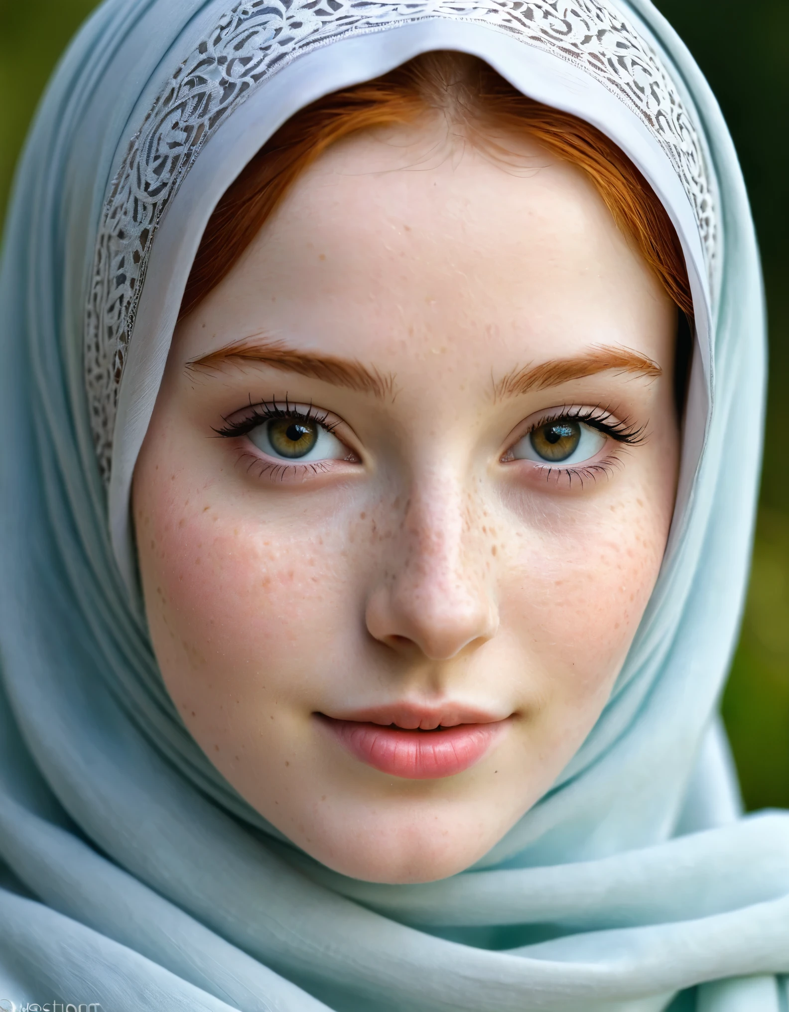 photography half body portrait of very beautiful realistic girl, 15-years-old, porcelain skin, very fair skin, very pale skin, redhead, detail freckles skin, hazel eyes, slanted eyes, small nose, small nostril, thick curved eyebrow, thick bottom lip, seductive gaze, happy face, unique face, wear hijab, Muslim hijab, detail photo, realistic photo, master piece picture, sharp picture, outdoor clear daylight