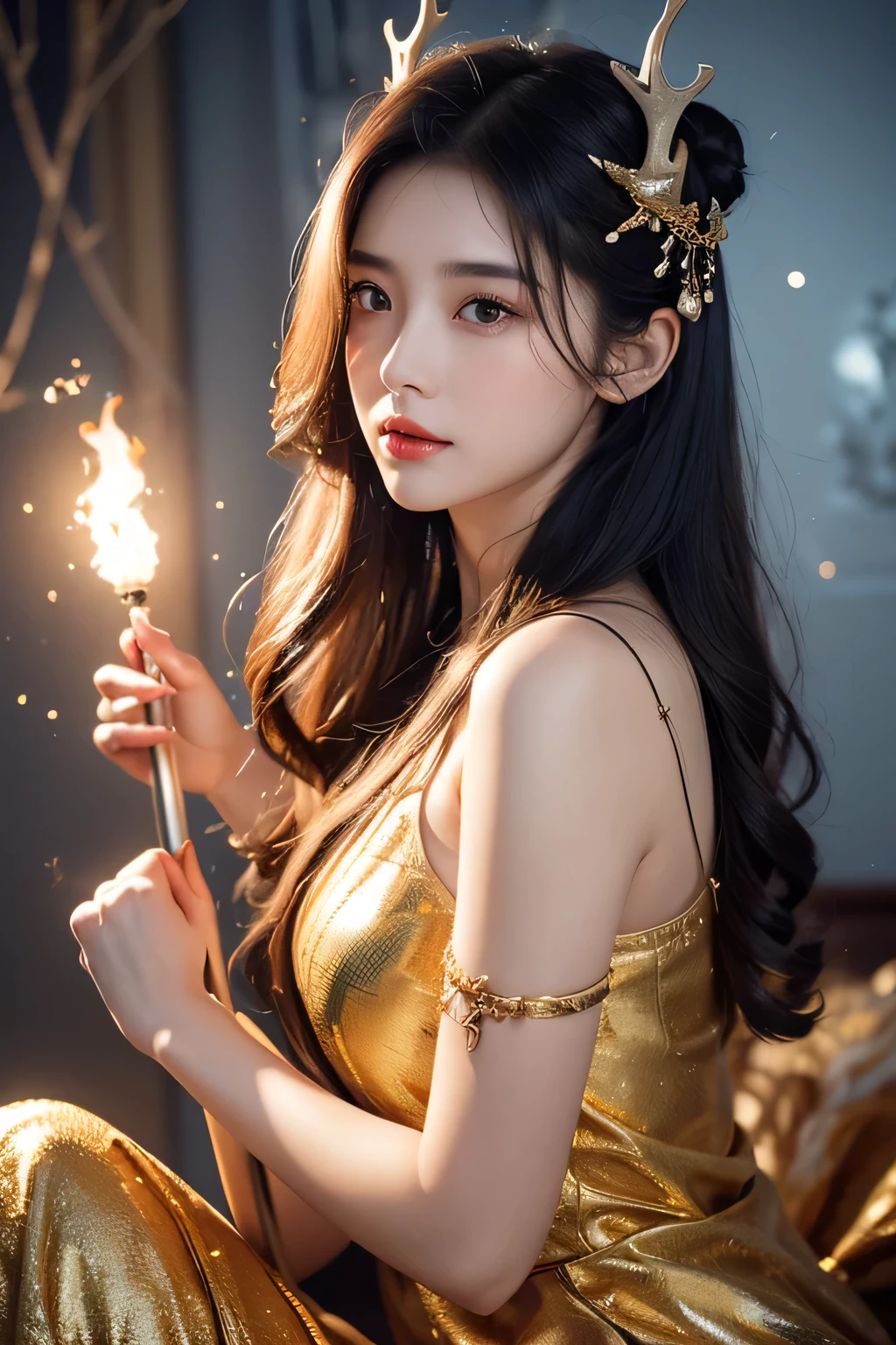 High-quality work,Realistic works,Super premium graphics,8K HD CG works,high quality graphics,High-definition and exquisite CG works,10x pixels,Ultra-fine details:1.1,Advanced technical details:1.1Realistic photo effects,Interior lighting effects:1.5,natural soft light:1.5. Light effect(Virtual light effects:1.8),Ultra-high resolution,shining dress,sliver long hair,silber hair,transparenthair,high detailed hair(Quality hair details:1.1)Clear eyes,Double eyelids look good,Sharp eye makeup, Create exquisite eyelash makeup, tthin eyebrows, Ultra-detailed eyes,a tall nose, lovely red lips, rosey cheeks, With delicate makeup on her face , pretty face, The face shape is perfectly proportioned,(Advanced facial details:1.1) Flying Deer Antlers Nine Tails Light Blue Heavenly Master Flame Long Haired Fox Star,novel,Torch Night Black Gold Orange Snake Print Silk Trousers,Rouge Diamond Tulle Sheer Lizard Print,Fat girl flying in space in the snow 1:900 miniatures,Front view,pure transparency,put on boxing gloves,Wear gold-framed reflective sunglasses,Panoramic super wide angle,very happy,Authentic and delicate texture,Strong visual impact,Super detailed,dream girl,delicate face型,beautiful eyes,Hair floating in the air, Cherry style,Zhou Xiaotong,crystal clear,Good sense of perspective,Light and shadow effects,16K smooth,surface reflected light,flowing black hair,Water Goddess 32K,complicated,grace,Very detailed,magnificent,digital photography,Autumn Cowboy Shooting,Surrealism,broken ruby,defeat magic,Water magic entanglement,(masterpiece,movie lighting,beautiful eyes:1.2),high dynamic range,void 5 energy storm,(china 1 girl,black eyes:1.5),rouge skin,glowing skin,(sit on stone:1.5),delicate face,black hair,Put on gorgeous golden armor,take off shoulders,,short skirt,beautiful golden armor,it'It's raining,beautiful big breasts,looking at the audience,Turn your back to the camera,masterpi ,Women's artwork,Dress full body video,Reality,Amazing Cleavage,My eyes are very bright today