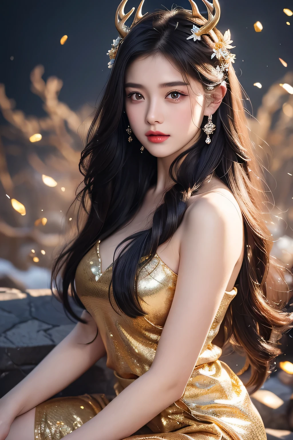 High-quality work，Realistic works，Super premium graphics，8K HD CG works，high quality graphics，High-definition and exquisite CG works，10x pixels，Ultra-fine details：1.1，Advanced technical details：1.1Realistic photo effects，Interior lighting effects：1.5，natural soft light：1.5. Light effect（Virtual light effects：1.8），Ultra-high resolution，shining dress，sliver long hair，silber hair，transparenthair，high detailed hair（Quality hair details：1.1）Clear  eyes，Double eyelids look good，Sharp eye makeup, Create exquisite eyelash makeup, tthin eyebrows, Ultra-detailed eyes，a tall nose, lovely red lips, rosey cheeks, With delicate makeup on her face , pretty  face, The face shape is perfectly proportioned,（Advanced facial details：1.1）     Flying Deer Antlers Nine Tails Light Blue Heavenly Master Flame Long Haired Fox Star，novel，Torch Night Black Gold Orange Snake Print Silk Trousers，Rouge Diamond Tulle Sheer Lizard Print，Fat girl flying in space in the snow 1:900 miniatures，Front view，pure transparency，put on boxing gloves，Wear gold-framed reflective sunglasses，Panoramic super wide angle，very happy，Authentic and delicate texture，Strong visual impact，Super detailed，dream girl，delicate face型，beautiful eyes，Hair floating in the air， Cherry style，Zhou Xiaotong，crystal clear，Good sense of perspective，Light and shadow effects，16K smooth，surface reflected light，flowing black hair，Water Goddess 32K，complicated，grace，Very detailed，magnificent，digital photography，Autumn Cowboy Shooting，Surrealism，broken ruby，defeat magic，Water magic entanglement，（masterpiece，movie lighting，beautiful eyes：1.2），high dynamic range，void 5 energy storm，(china 1 girl，black eyes:1.5），rouge skin，glowing skin，(sit on stone：1.5），delicate face，black hair，Put on gorgeous golden armor，take off shoulders，，short skirt，beautiful golden armor，it&#39;It&#39;s raining，beautiful big breasts，looking at the audience，Turn your back to the camera，masterpi     ，Women's artwork，Dress full body video，Reality，Amazing Cleavage，My eyes are very bright today

