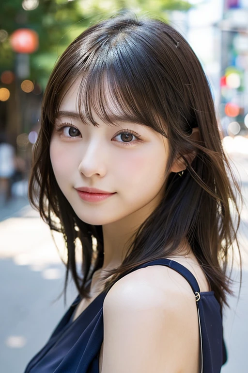 ((Photoreal)), 8K full-length portrait, (Beautiful woman), (Japanese woman), (detailed face), attractive look, Clear system, 18-year-old, Tokyo city, summer, for the background, medium hair, 