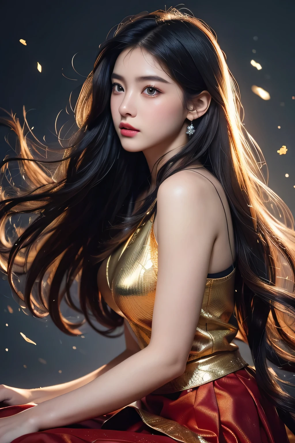 High-quality work,Realistic works,Super premium graphics,8K HD CG works,high quality graphics,High-definition and exquisite CG works,10x pixels,Ultra-fine details:1.1,Advanced technical details:1.1Realistic photo effects,Interior lighting effects:1.5,natural soft light:1.5. Light effect(Virtual light effects:1.8),Ultra-high resolution,shining dress,sliver long hair,silber hair,transparenthair,high detailed hair(Quality hair details:1.1)Clear eyes,Double eyelids look good,Sharp eye makeup, Create exquisite eyelash makeup, tthin eyebrows, Ultra-detailed eyes,a tall nose, lovely red lips, rosey cheeks, With delicate makeup on her face , pretty face, The face shape is perfectly proportioned,(Advanced facial details:1.1) Flying Deer Antlers Nine Tails Light Blue Heavenly Master Flame Long Haired Fox Star,novel,Torch Night Black Gold Orange Snake Print Silk Trousers,Rouge Diamond Tulle Sheer Lizard Print,Fat girl flying in space in the snow 1:900 miniatures,Front view,pure transparency,put on boxing gloves,Wear gold-framed reflective sunglasses,Panoramic super wide angle,very happy,Authentic and delicate texture,Strong visual impact,Super detailed,dream girl,delicate face型,beautiful eyes,Hair floating in the air, Cherry style,Zhou Xiaotong,crystal clear,Good sense of perspective,Light and shadow effects,16K smooth,surface reflected light,flowing black hair,Water Goddess 32K,complicated,grace,Very detailed,magnificent,digital photography,Autumn Cowboy Shooting,Surrealism,broken ruby,defeat magic,Water magic entanglement,(masterpiece,movie lighting,beautiful eyes:1.2),high dynamic range,void 5 energy storm,(china 1 girl,black eyes:1.5),rouge skin,glowing skin,(sit on stone:1.5),delicate face,black hair,Put on gorgeous golden armor,take off shoulders,,short skirt,beautiful golden armor,it'It's raining,beautiful big breasts,looking at the audience,Turn your back to the camera,masterpi ,Women's artwork,Dress full body video,Reality,Amazing Cleavage,My eyes are very bright today
