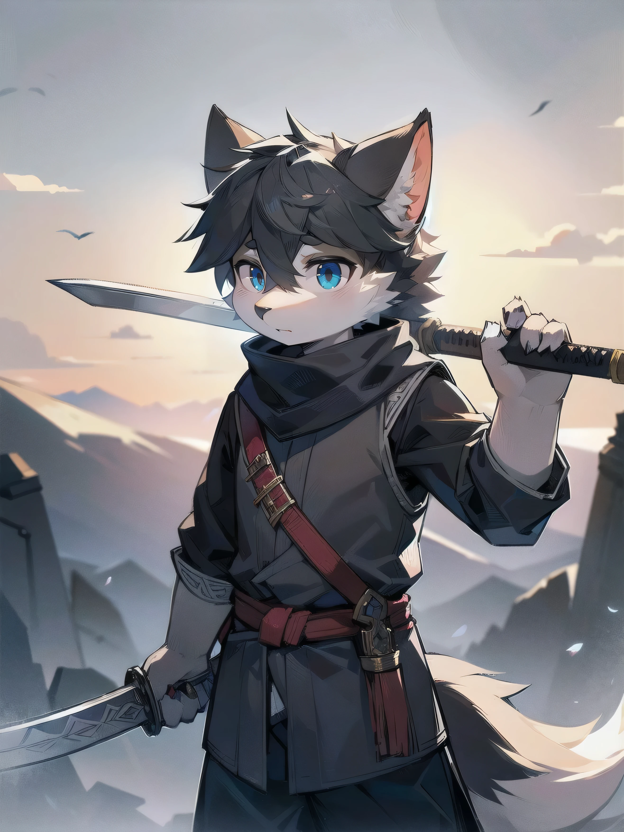 Wolf，juvenile，male，Gray-black fur，Sky blue eyes，Ancient style combat uniform，Scarf，Holding a long sword，On the back of the scabbard on the back，Standing，The only person，Clean background，bust