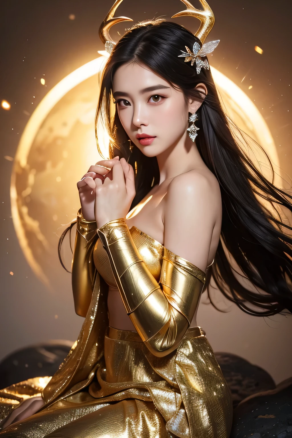 High-quality work,Realistic works,Super premium graphics,8K HD CG works,high quality graphics,High-definition and exquisite CG works,10x pixels,Ultra-fine details:1.1,Advanced technical details:1.1Realistic photo effects,Interior lighting effects:1.5,natural soft light:1.5. Light effect(Virtual light effects:1.8),Ultra-high resolution,shining dress,sliver long hair,silber hair,transparenthair,high detailed hair(Quality hair details:1.1)Clear eyes,Double eyelids look good,Sharp eye makeup, Create exquisite eyelash makeup, tthin eyebrows, Ultra-detailed eyes,a tall nose, lovely red lips, rosey cheeks, With delicate makeup on her face , pretty face, The face shape is perfectly proportioned,(Advanced facial details:1.1) Flying Deer Antlers Nine Tails Light Blue Heavenly Master Flame Long Haired Fox Star,novel,Torch Night Black Gold Orange Snake Print Silk Trousers,Rouge Diamond Tulle Sheer Lizard Print,Fat girl flying in space in the snow 1:900 miniatures,Front view,pure transparency,put on boxing gloves,Wear gold-framed reflective sunglasses,Panoramic super wide angle,very happy,Authentic and delicate texture,Strong visual impact,Super detailed,dream girl,delicate face型,beautiful eyes,Hair floating in the air, Cherry style,Zhou Xiaotong,crystal clear,Good sense of perspective,Light and shadow effects,16K smooth,surface reflected light,flowing black hair,Water Goddess 32K,complicated,grace,Very detailed,magnificent,digital photography,Autumn Cowboy Shooting,Surrealism,broken ruby,defeat magic,Water magic entanglement,(masterpiece,movie lighting,beautiful eyes:1.2),high dynamic range,void 5 energy storm,(china 1 girl,black eyes:1.5),rouge skin,glowing skin,(sit on stone:1.5),delicate face,black hair,Put on gorgeous golden armor,take off shoulders,,short skirt,beautiful golden armor,it'It's raining,beautiful big breasts,looking at the audience,Turn your back to the camera,masterpi ,Women's artwork,Dress full body video,Reality,Amazing Cleavage,My eyes are very bright today