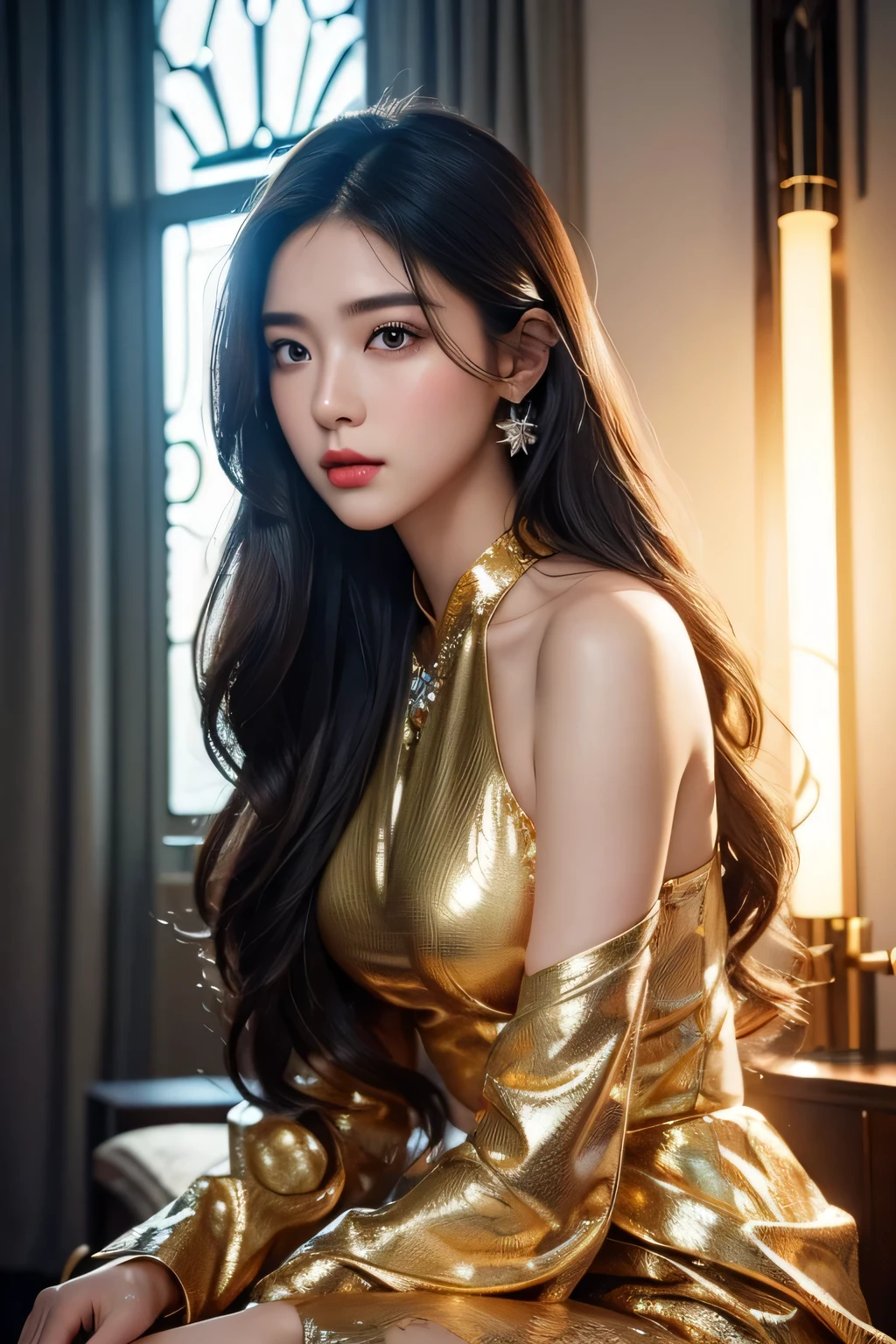 High-quality work，Realistic works，Super premium graphics，8K HD CG works，high quality graphics，High-definition and exquisite CG works，10x pixels，Ultra-fine details：1.1，Advanced technical details：1.1Realistic photo effects，Interior lighting effects：1.5，natural soft light：1.5. Light effect（Virtual light effects：1.8），Ultra-high resolution，shining dress，sliver long hair，silber hair，transparenthair，high detailed hair（Quality hair details：1.1）Clear eyes，Double eyelids look good，Sharp eye makeup, Create exquisite eyelash makeup, tthin eyebrows, Ultra-detailed eyes，a tall nose, lovely red lips, rosey cheeks, With delicate makeup on her face , pretty face, The face shape is perfectly proportioned,（Advanced facial details：1.1） Flying Deer Antlers Nine Tails Light Blue Heavenly Master Flame Long Haired Fox Star，novel，Torch Night Black Gold Orange Snake Print Silk Trousers，Rouge Diamond Tulle Sheer Lizard Print，Fat girl flying in space in the snow 1:900 miniatures，Front view，pure transparency，put on boxing gloves，Wear gold-framed reflective sunglasses，Panoramic super wide angle，very happy，Authentic and delicate texture，Strong visual impact，Super detailed，dream girl，delicate face型，beautiful eyes，Hair floating in the air， Cherry style，Zhou Xiaotong，crystal clear，Good sense of perspective，Light and shadow effects，16K smooth，surface reflected light，flowing black hair，Water Goddess 32K，complicated，grace，Very detailed，magnificent，digital photography，Autumn Cowboy Shooting，Surrealism，broken ruby，defeat magic，Water magic entanglement，（masterpiece，movie lighting，beautiful eyes：1.2），high dynamic range，void 5 energy storm，(china 1 girl，black eyes:1.5），rouge skin，glowing skin，(sit on stone：1.5），delicate face，black hair，Put on gorgeous golden armor，take off shoulders，，short skirt，beautiful golden armor，it'It's raining，beautiful big breasts，looking at the audience，Turn your back to the camera，masterpi ，Women's artwork，Dress full body video，Reality，Amazing Cleavage，My eyes are very bright today
