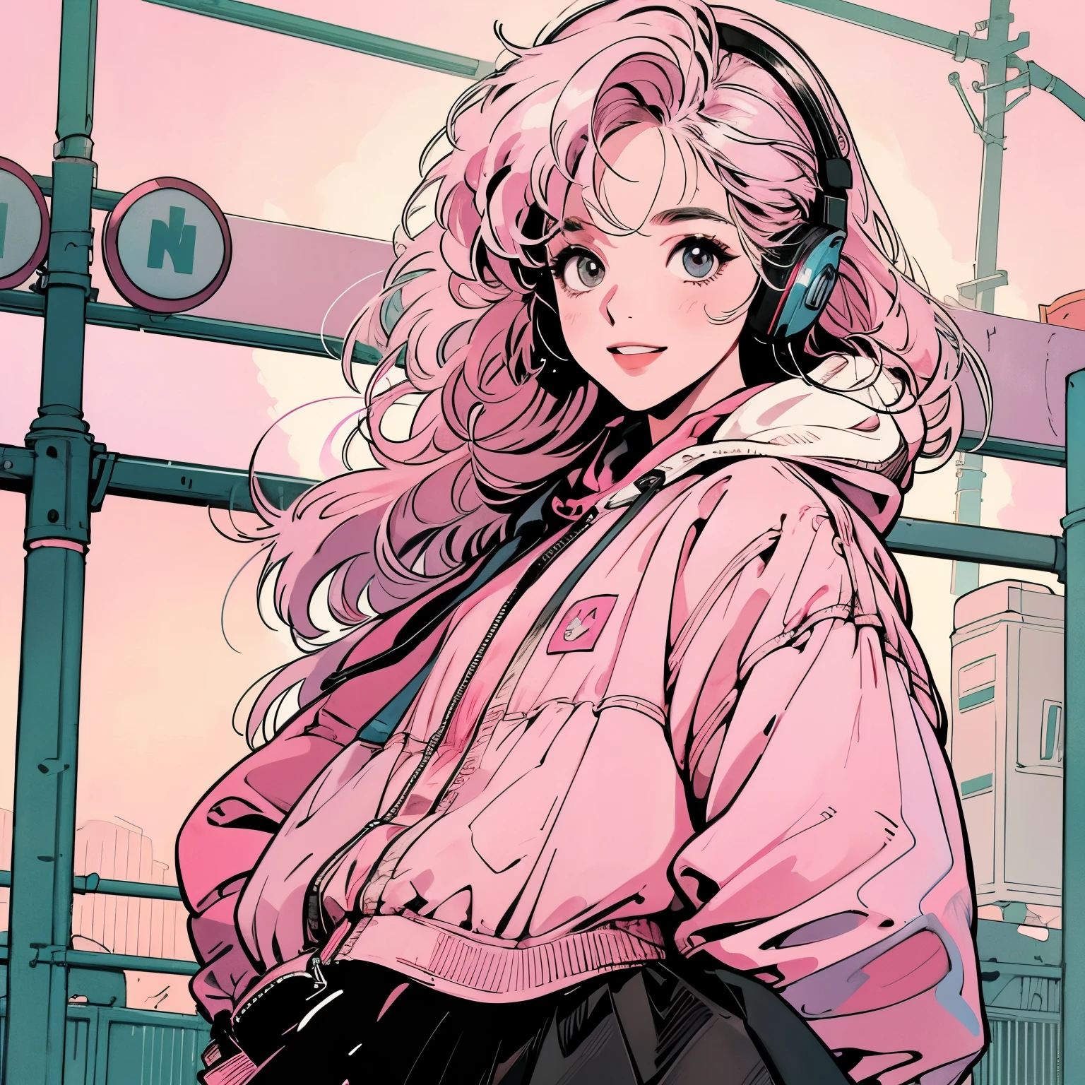 whole body、Kind Face、1 pretty woman、Hoodie with hood、skirt、pedestrian crossing、Signal 、intersection、Complex background、Detailed Hair、smile、Pale pink hair、Faint lighting、Wearing headphones、There is movement
