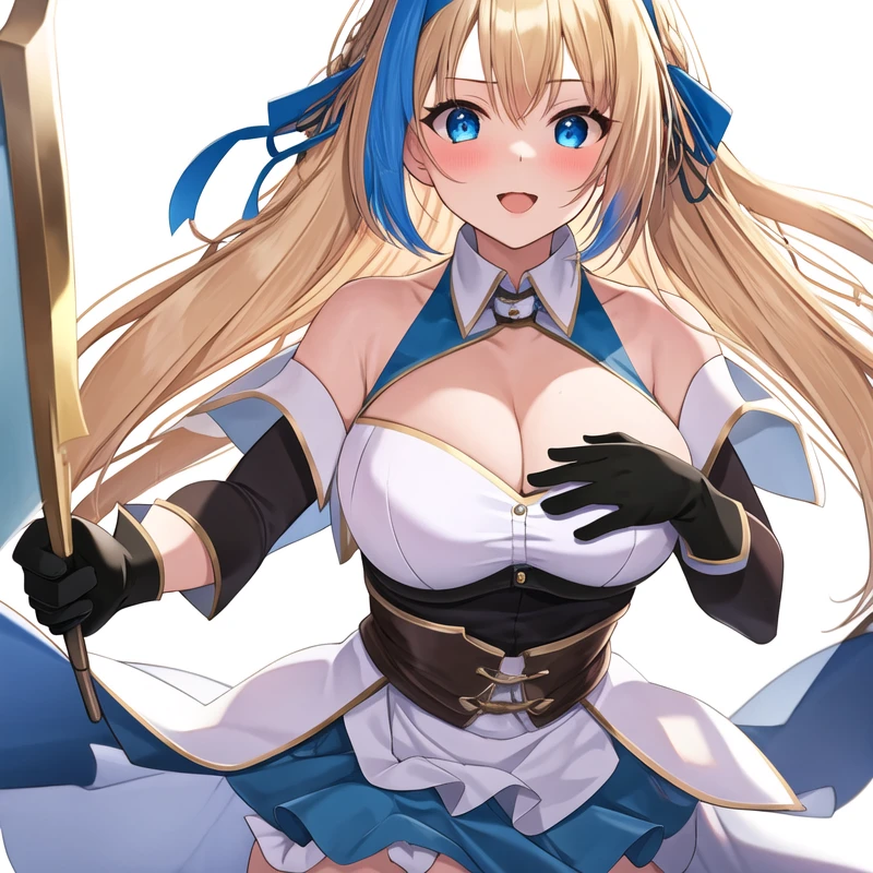 (masterpiece, best quality:1.2), 1girl, solo, blond hair, blue hairband, blue hair ribbon on the left, white-blue breast, black gloves, knight skirt, Solid color background