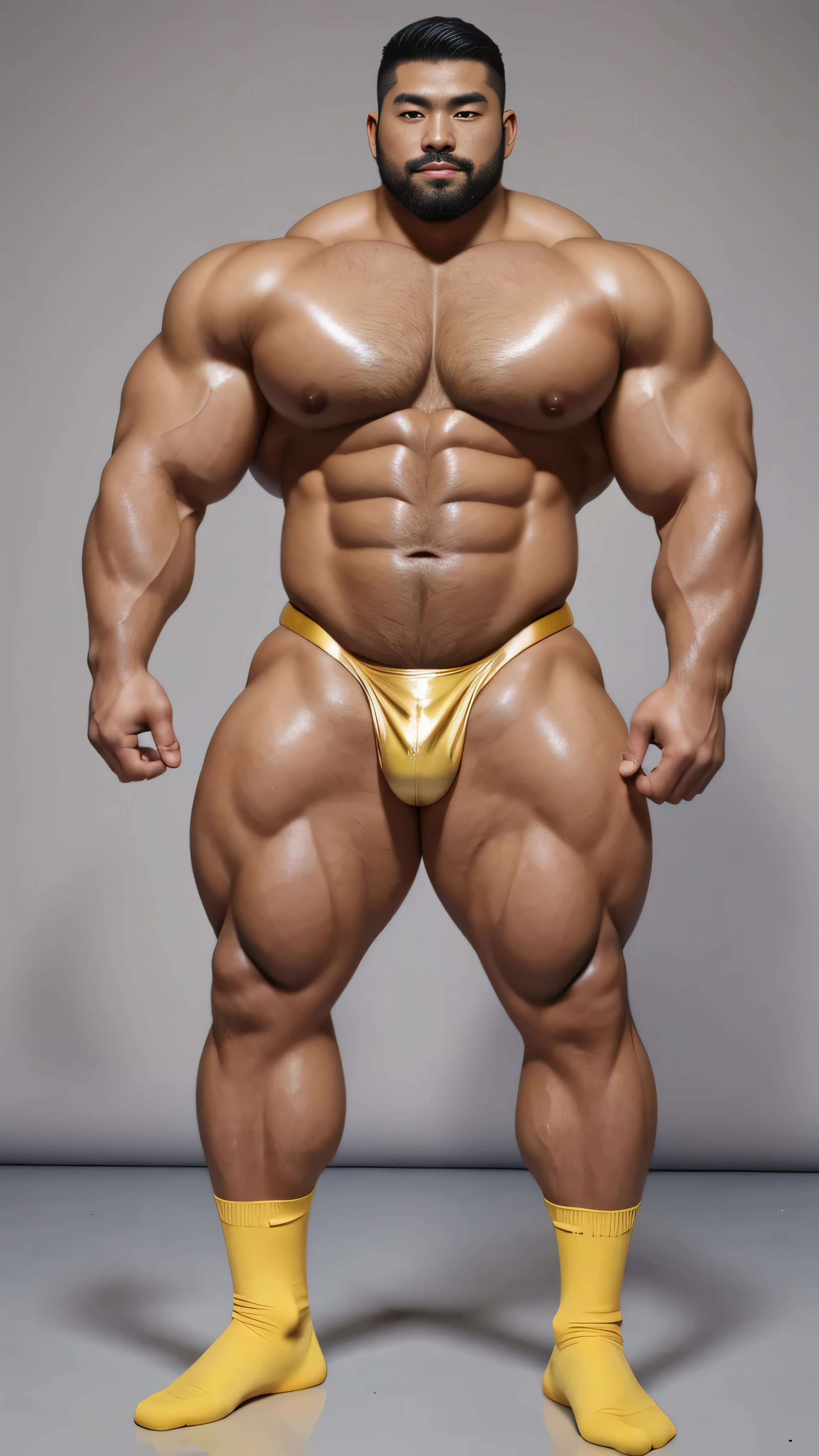 A Chinese bodybuilder，30 years old，Tall and handsome, Toned body，short hair, O-Shaped Beard，Perfect body, Dark and shiny skin，Smooth skin，The body is hairless，Muscle bulge, muscular, Very large pectoral muscles，Very sexy abdominal muscles，Very well-developed leg muscles，Huge concave and convex area，Brightens oily skin，Wearing a gold leather shiny thong，Handsome face， Correct and accurate male body proportions, full-body shot, muscular，Wear white socks，Standing in front of gray background，Ultra-high-definition 4K picture quality。