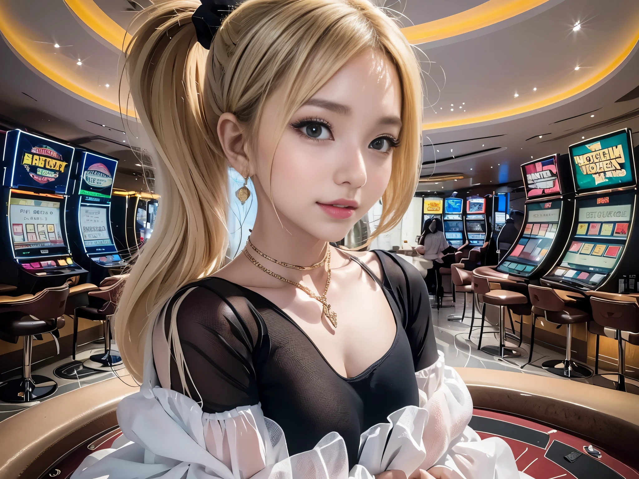 in casino, Any posture, (极其精致beautiful作品), (masterpiece), 1 Girl, girl in silver dress, Very detailed, waist leaking, Ponytail Transformation, charming的外表;;, Beautiful clear eyes, green eye pupils, Exquisite necklace, Delicate earrings, Angel ears, Simple blur background, Very detailed explanation., beautiful, charming, Super Fine, Delicate face, Delicate figure, Thin clavicle, beautiful嘴唇, beautiful breasts, Soft back, Mix 4, (10, original photo, best quality, masterpiece: 1.2), (Practical, Realistic Portraits: 1.37), 1 girl, Kawaii, Professional lighting, Photon Mapping, Radiosity, Physically Based Rendering, (quite difficult 1.1), (Saw the head of the dress..: 1.4), White skin(Random Background,in casino,Casino VIP room, Modern Casino Console, Modern slot machines ), in casino