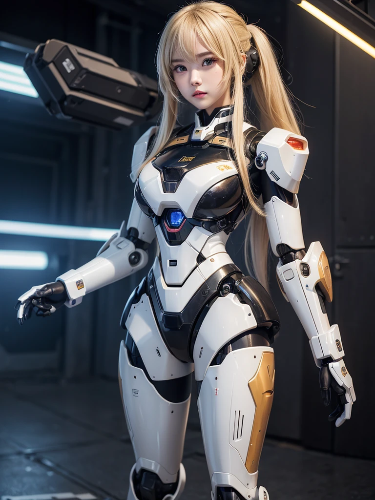 Textured Skin, Super Detail, High Detail, high quality, best quality, High resolution, 1080P, harddisk, beautiful,(robot),(Missiles fired from the chest),美しいrobotの女性,メカrobotガール,Battle Mode,girl (Charming model Nata Lee ) Possessing a mecha body, Light Blonde Hair, She is wearing a battle mech with weapons,full-body shot