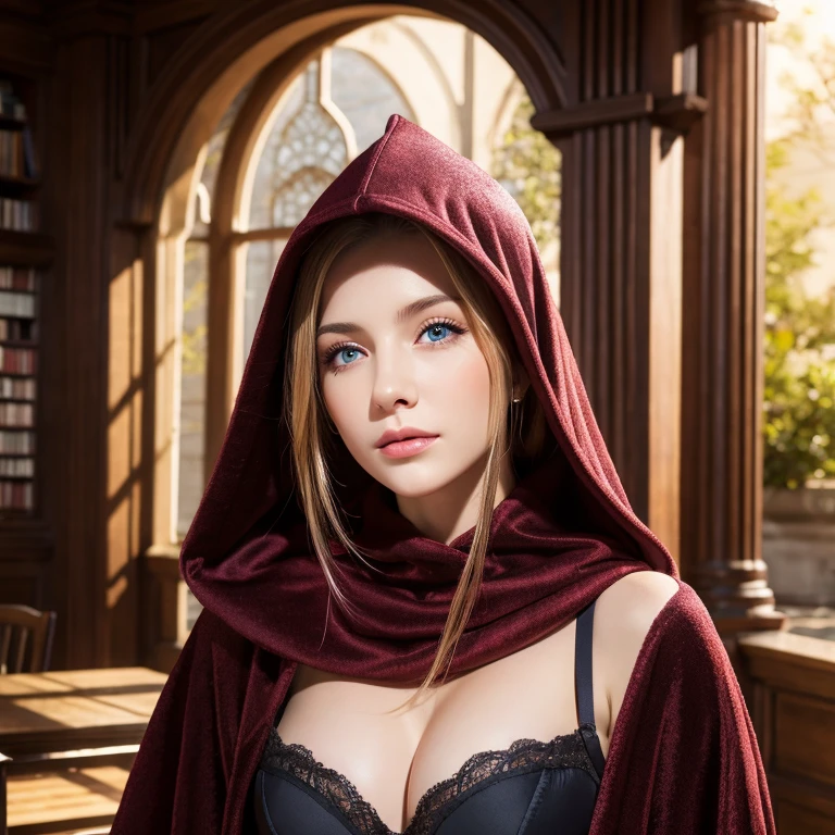 1 girl, wearing huge maroon hood up, (photo realistic:1.4), (hyper realistic:1.4), (realistic:1.3), (smoother lighting:1.05), (increase cinematic lighting quality:0.9), 32K, 1girl,20yo girl, realistic lighting, backlighting, light on face, ray trace, girl wearing a maroon off shoulder robe, wolf blonde hair with blue eyes, black corset, trimmed leg wear, huge maroon hood up, gorgeous face, high resolution, detailed face, not smiling, long hall library background, hair covering half of the face (brightening light:1.2), (Increase quality:1.4), (best quality real texture skin), finely detailed eyes, finely detailed face, (tired and sleepy and satisfied:0.0), (Increase body line mood:1.1), shiny skin