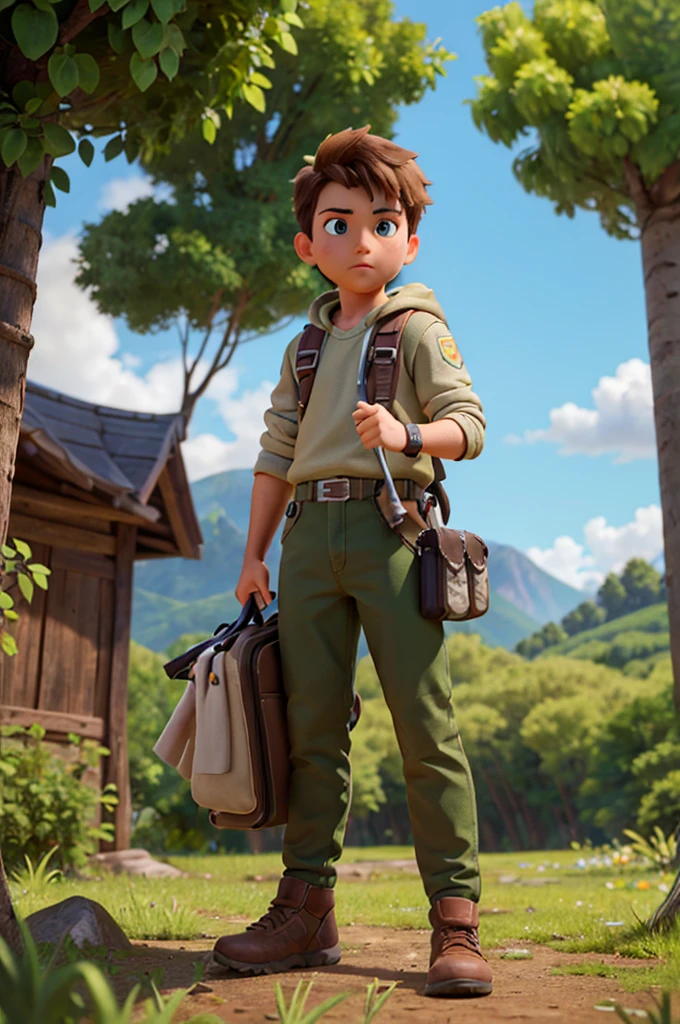 (high quality, 4k, HDR) 1 boy, adventurer, have, Off-road clothing, brave adventurer, beautiful colors in the sky, birds in background, animal, Large area of harmonious forest, Pants. (masterpiece, Ultra-realistic professional lighting, Ultra-thin 8K, Detailed background texture, Sharp face and perfect brushstrokes.