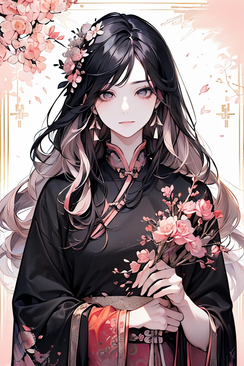 (Middle-aged adult woman:1.45)、(masterpiece、highest quality、highest quality、Beautiful and beautiful:1.2)、(Good anatomy:1.5)、(Long wavy hair:1.5)、(black hair:1.4)、(Rich nature background:1.2)、(Hanfu costume:1.35)、Large earrings、((Lightyellow、orange、Pink costume:1.1))、(Dark Eyes:1.3)、((Elegant and luxurious atmosphere:1.2))、A gentle smile、Close-up of face