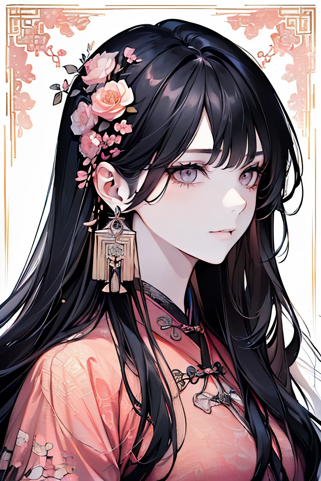 (Middle-aged adult woman:1.45)、(masterpiece、highest quality、highest quality、Beautiful and beautiful:1.2)、(Good anatomy:1.5)、(Long wavy hair:1.5)、(black hair:1.4)、(Rich nature background:1.2)、(Hanfu costume:1.35)、Large earrings、((Lightyellow、orange、Pink costume:1.1))、(Dark Eyes:1.3)、((Elegant and luxurious atmosphere:1.2))、A gentle smile、Close-up of face
