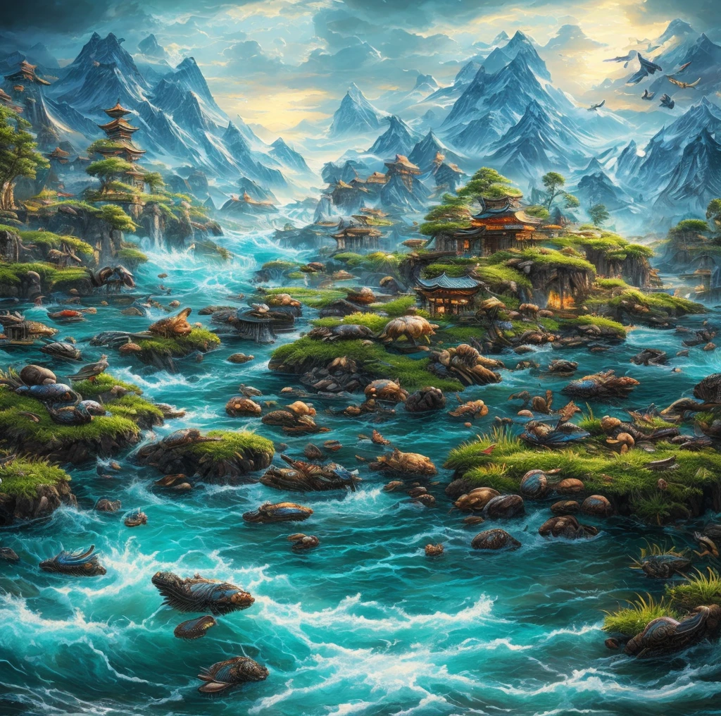 (Best quality,high resolution,masterpiece:1.2),Extremely detailed,The Art of Magic, Fascinating and complex fantasy paintings, A chaotic and dynamic ocean, Water magic closeup, Detailed fantasy illustration, Highly complex fantasy art, Complex Numbers, Detailed fantasy digital art, primordial waters, Xuanwu,令人震惊的myth野兽,Snapping turtles,Small animals,Chinese culture,myth
