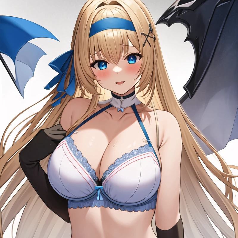 (masterpiece, best quality:1.2), 1girl, solo, blond hair, blue hairband, blue hair ribbon on the left, white-blue bra, black gloves, knight skirt, gray background