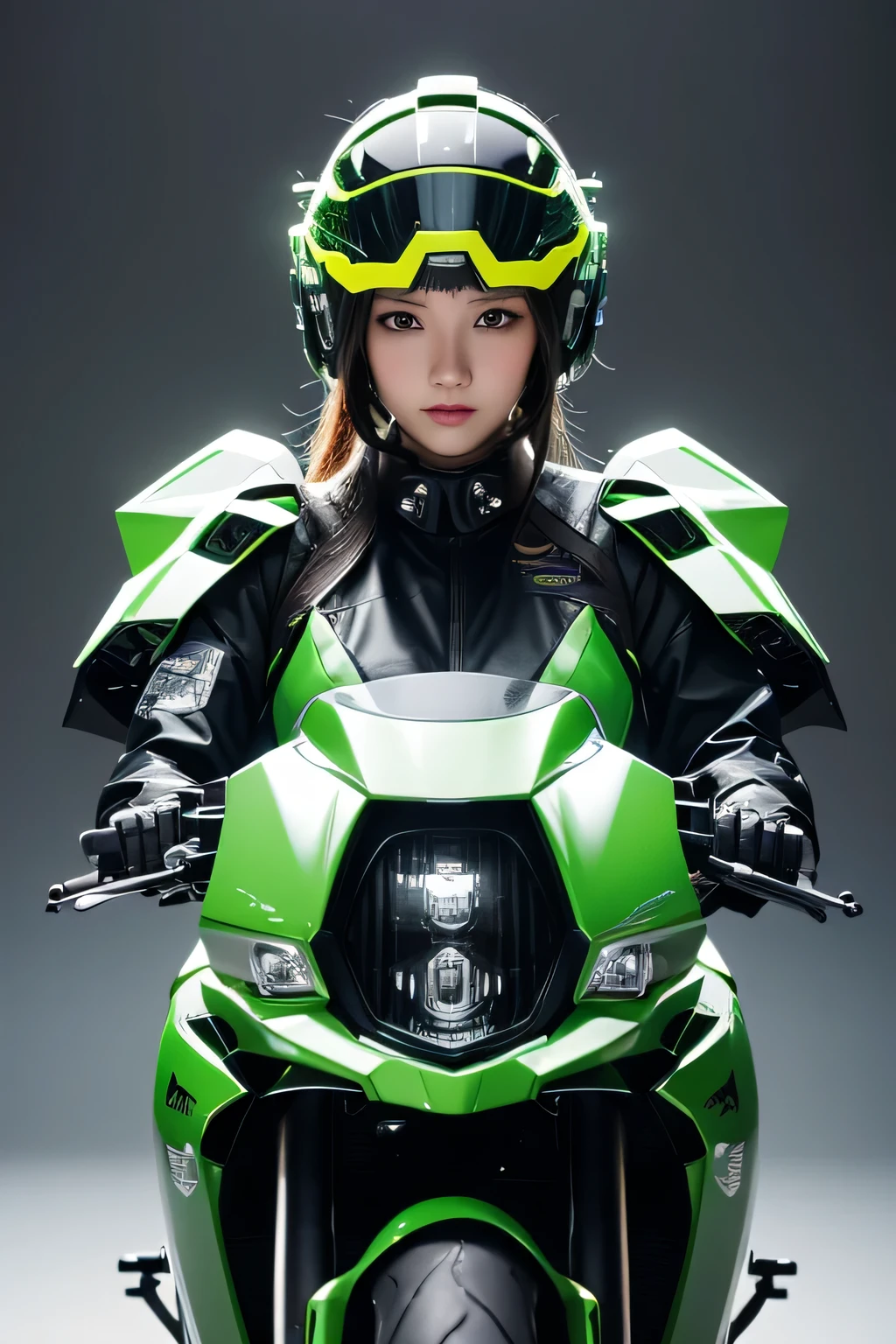 Highest image quality, outstanding details, ultra-high resolution, (realism: 1.4), the best illustration, favor details, highly condensed 1girl, with a delicate and beautiful face, dressed in a black and green mecha, wearing a mecha helmet, holding a directional controller, riding on a motorcycle, the background is a high-tech lighting scene of the future city.
