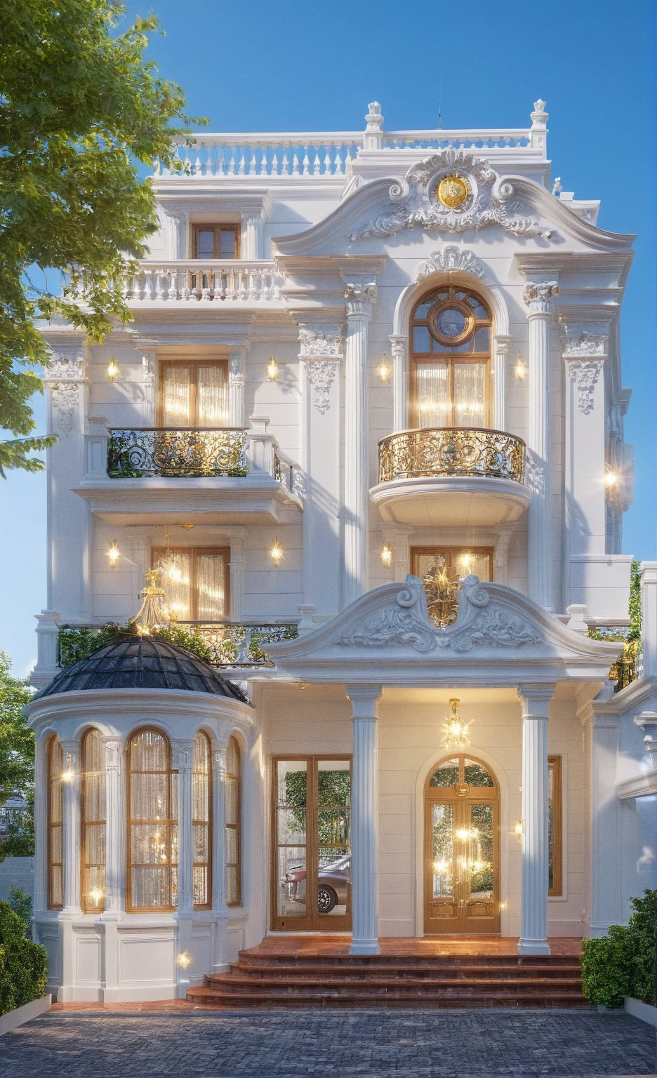 ,Masterpiece, Best quality,8K, Ultra-high resolution, rich atmosphere of luxury。Ornate crystal chandeliers hang high on the wall,Shine brightl . It is so comfortable,So much so that you can't help but indulge in it。Embellished with precious porcelain and champagne gold ornaments。Whenever it is late afternoon,The afterglow from the window spilled on the floor,Soft light and shadow are reflected,It was as if entering a dreamlanD,,Architectural style Architectural style, ((Classic Style House)),(masterpiece) , ((best quality)), dramatic lighting, high quality outdoors, sky, day, cloud, tree, blue sky, building, scenery, road, real world location, sunlight, enough detail, high resolution,super realistic, Photorealistic, highly detailed, balcony, door, car, truck, parking slot, paving, . Clean lines, architectural drawing, highly detailed , . Clean lines, geometric shapes, architectural drawing, highly detailed, (( round column : 1,3)), round pillar,