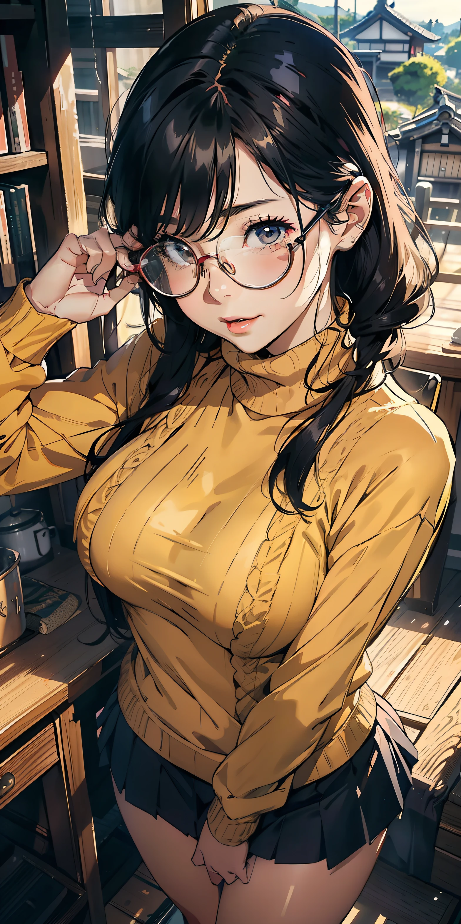 realisticlying、show through、Breasts enlarged、Looking down from above、Wearing glasses、 playing banzai、Wearing a yellow turtleneck sweater、、Wearing a ruffled miniskirt、Enlargement of breasts and emphasis on cleavage、Versatile sexy poses、Face smile、japanese rural town、Emphasis on chest contour shading