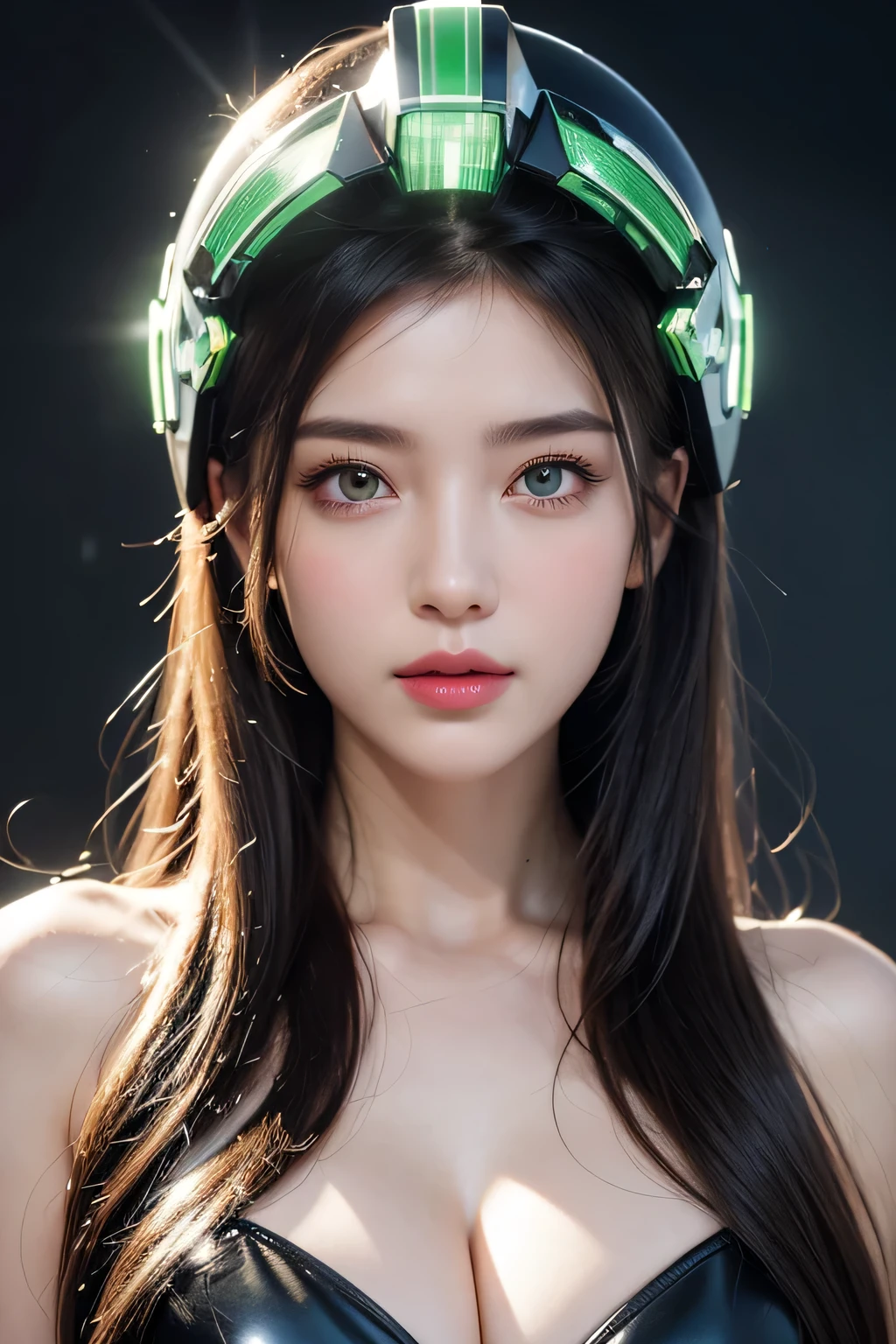 High-quality work,Realistic works,Super premium graphics,8K HD CG works,high quality graphics,High-definition and exquisite CG works,10x pixels,Ultra-fine details:1.1,Advanced technical details:1.1Realistic photo effects,Interior lighting effects:1.5,natural soft light:1.5. Light effect(Virtual light effects:1.8),Ultra-high resolution,shining dress,sliver long hair,silber hair,transparenthair,high detailed hair(Quality hair details:1.1)Clear eyes,Double eyelids look good,Sharp eye makeup, Create exquisite eyelash makeup, tthin eyebrows, Ultra-detailed eyes,a tall nose, lovely red lips, rosey cheeks, With delicate makeup on her face , pretty face, The face shape is perfectly proportioned,(Advanced facial details:1.1) Highest image quality, outstanding details, ultra-high resolution, (realism: 1.4), the best illustration, favor details, highly condensed 1girl, with a delicate and beautiful face, dressed in a black and green mecha, wearing a mecha helmet, holding a directional controller, riding on a motorcycle, the background is a high-tech lighting scene of the future city.
,Women's artwork,Dress full body video,Reality,Amazing Cleavage,My eyes are very bright today