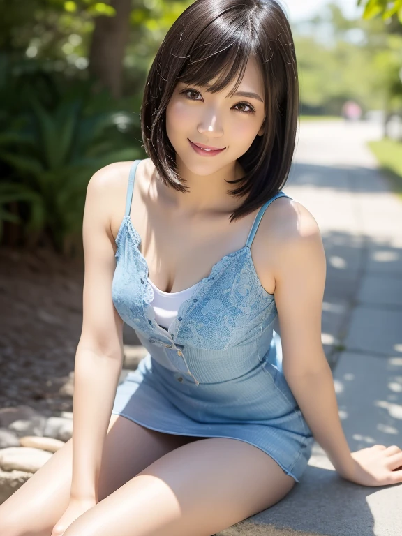 (Highest quality: 1.5), (Realistic: 1.5), (1 person: 1.5), Highly detailed, High resolution, 8k, slightly saggy medium breasts, Natural colored lips, Cute smile, Japanese woman, 20 year old girl, beautiful and graceful features, perfect and beautiful face, balanced big eyes, brunette eyes, beautiful and graceful features, natural double eyelids, natural bangs, beautiful thin nose, beautiful skin, medium bob hair , natural bangs , perfect and beautiful face, slim face and figure, blue summer sky, socks, (looking at the camera with a sweet smile), bright lighting, professional lighting, forward lighting, beautiful legs: 1.2, smooth skin, slender body, slim waistline, slim thin thighs, cleavage, detailed clothes, ((ayabrea)), black one piece dress,