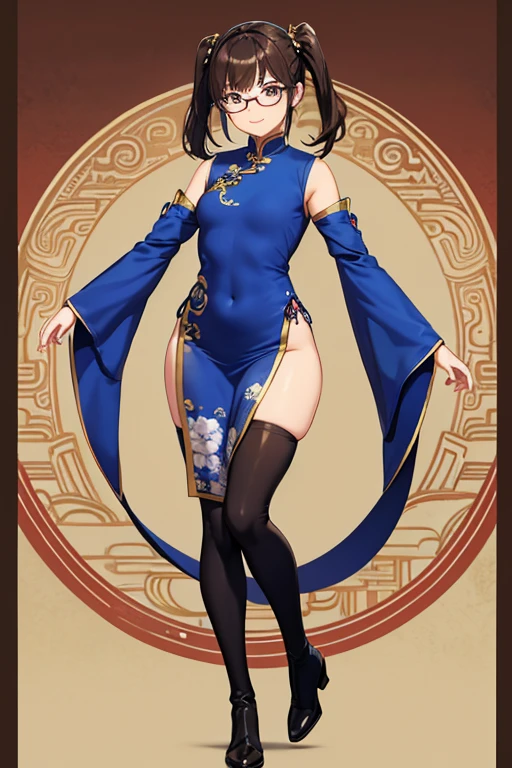 Anime drawings、Full body portrait、Space SF Merchant、A curvy woman, about 19 years old, about 160cm tall, walking in blue Chinese-style ethnic clothing and black leggings、A nasty smile、Short medium length hair tied in twin tails、Brown Hair、Thigh-high boots、Glasses、Flat chest