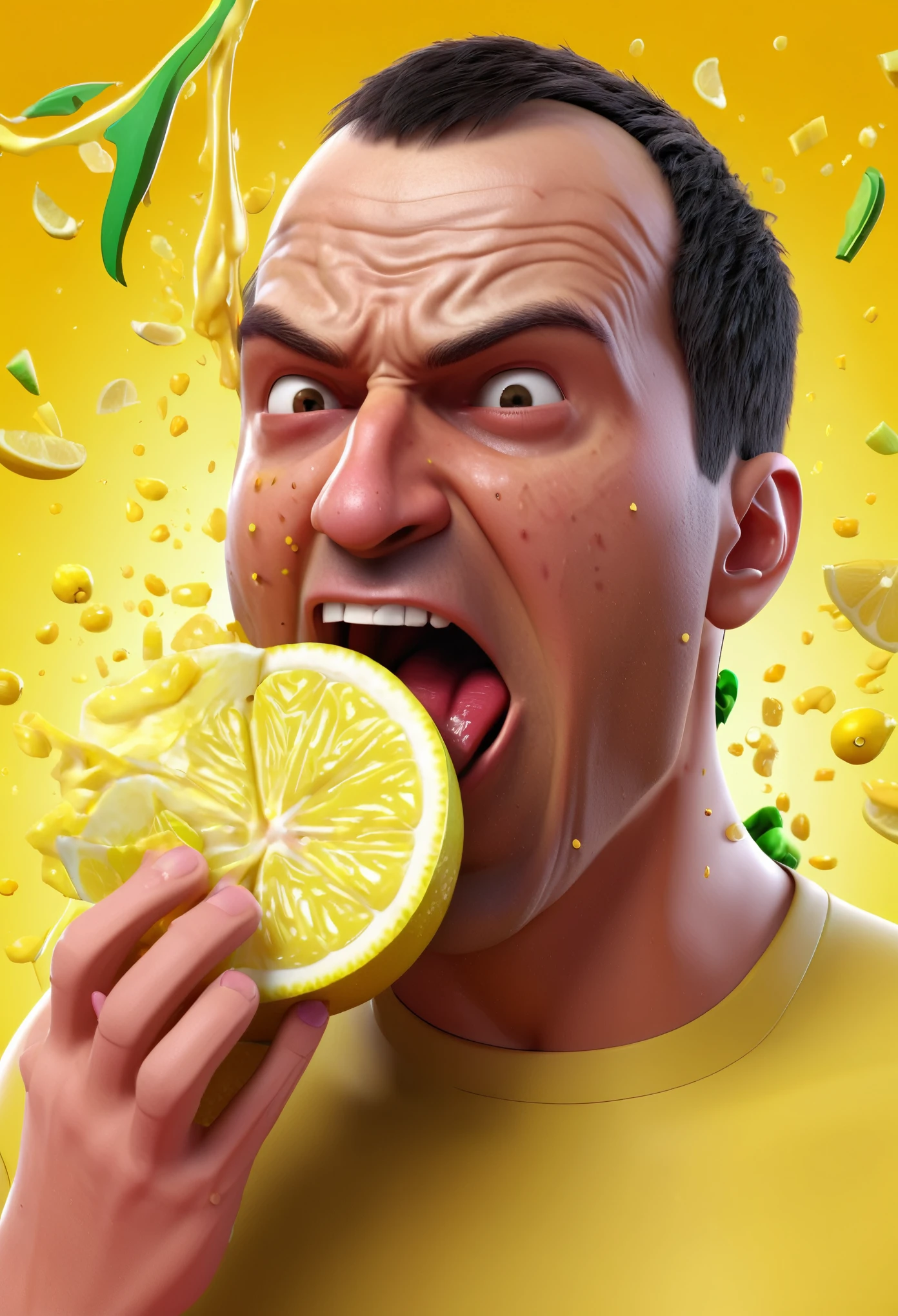 A humorous and vivid 3D render illustration of a character making a comical face while eating a large, juicy lemon. The expression of the character suggests a mixture of pleasure and pain, with a drop of lemon juice falling from their chin. The background is a colorful, chaotic scene of fruits and vegetables, with a cartoon-like atmosphere that emphasizes the comedic nature of the image.