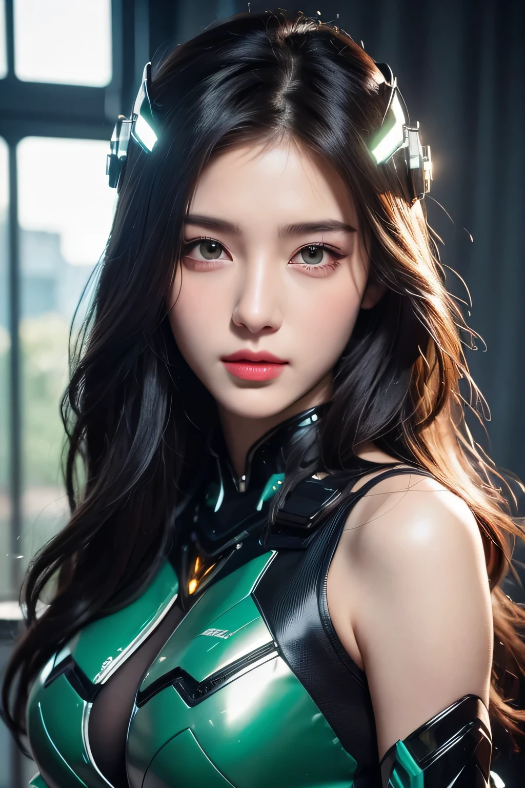 High-quality work,Realistic works,Super premium graphics,8K HD CG works,high quality graphics,High-definition and exquisite CG works,10x pixels,Ultra-fine details:1.1,Advanced technical details:1.1Realistic photo effects,Interior lighting effects:1.5,natural soft light:1.5. Light effect(Virtual light effects:1.8),Ultra-high resolution,shining dress,sliver long hair,silber hair,transparenthair,high detailed hair(Quality hair details:1.1)Clear eyes,Double eyelids look good,Sharp eye makeup, Create exquisite eyelash makeup, tthin eyebrows, Ultra-detailed eyes,a tall nose, lovely red lips, rosey cheeks, With delicate makeup on her face , pretty face, The face shape is perfectly proportioned,(Advanced facial details:1.1) Highest image quality, outstanding details, ultra-high resolution, (realism: 1.4), the best illustration, favor details, highly condensed 1girl, with a delicate and beautiful face, dressed in a black and green mecha, wearing a mecha helmet, holding a directional controller, riding on a motorcycle, the background is a high-tech lighting scene of the future city. ,Women's artwork,Dress full body video,Reality,Amazing Cleavage,My eyes are very bright today