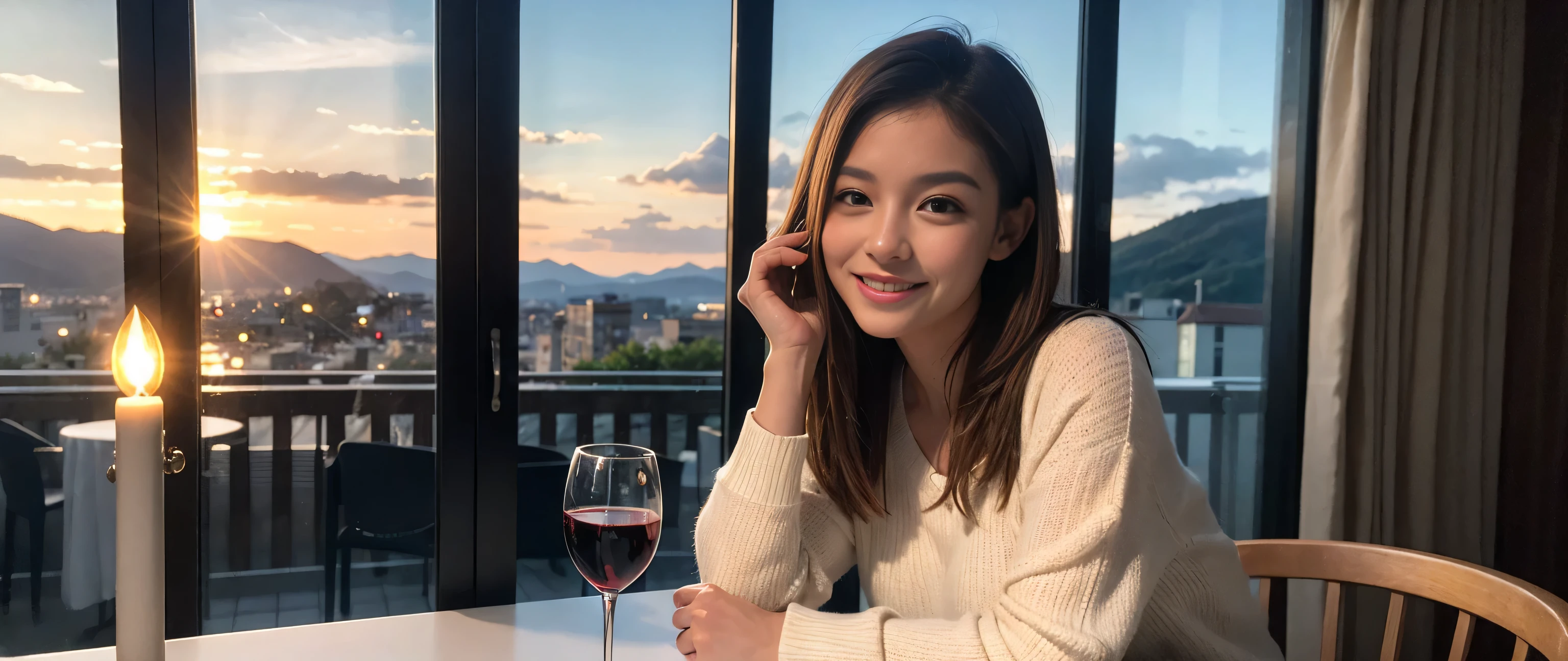 ((highest quality、8k、masterpiece:1.3))、Sharp focus:1.2、Wine Party 、1 male and 1 female、couple、Lovers Couple、Beautiful woman perfect body:1.4、Slim body、((Bob Hale、Straight hair:1.2))、(to be born, highest quality, masterpiece:1.5), (Realistic, Intricate details:1.2), Ultra-high resolution, Facial Lighting、Amazing view of the sunset sky and clouds、Amazing mountain views、A bright smile、wine glass、red wine 、Appetizers、Italian food、Wine bottle、Champagne、sparkling wine、, Beautiful Face, blue eyes, The light shines on your face, Blushing, short hair,Bright Face、 (36 years old), 39 years old, Lady、Two beauties、Brown Hair、Shortcuts、Long sleeve shirt、dress、Pretty Woman 1, (Slim face), (The body is slim), (Brown Hair), (Shortcuts), cheeks turn a little red,Attractive beauty、, Out of the window, A beautiful and detailed night view unfolds.........., restaurant, In a prominent place (From the waist up) Nova Frog Style, actress, model, Upper Body, White wine, slim, wine glass, Wine glass placed in the center, smile, (smile: 1.15), Beautiful fine grain, Depth f/2,saturation, High Contrast, Strong light and shadow,Moist Body:1.5、3D texture、Delicate eyes、Brown Hair、The hair is very shiny、