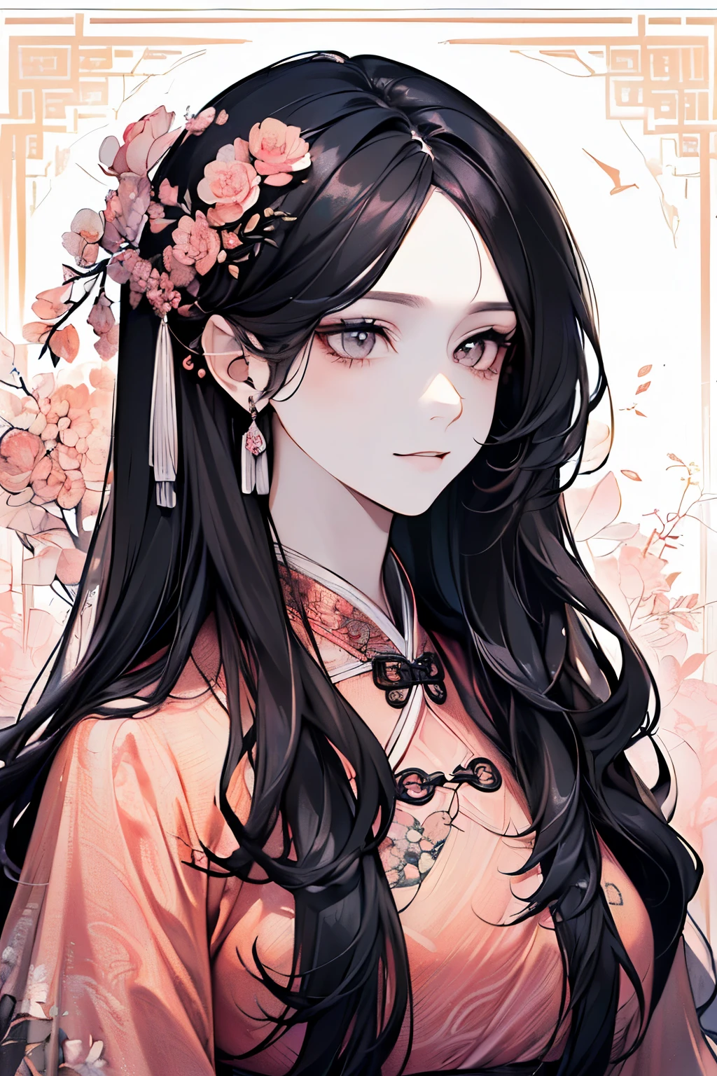 (Middle-aged adult woman:1.45)、(masterpiece、highest quality、highest quality、Beautiful and beautiful:1.2)、(Good anatomy:1.5)、(Long wavy hair:1.5)、(black hair:1.4)、(Rich nature background:1.2)、(Hanfu costume:1.35)、Large earrings、((Lightyellow、orange、Pink costume:1.1))、(Dark Eyes:1.3)、((Elegant and luxurious atmosphere:1.2))、A gentle smile、Close-up of face