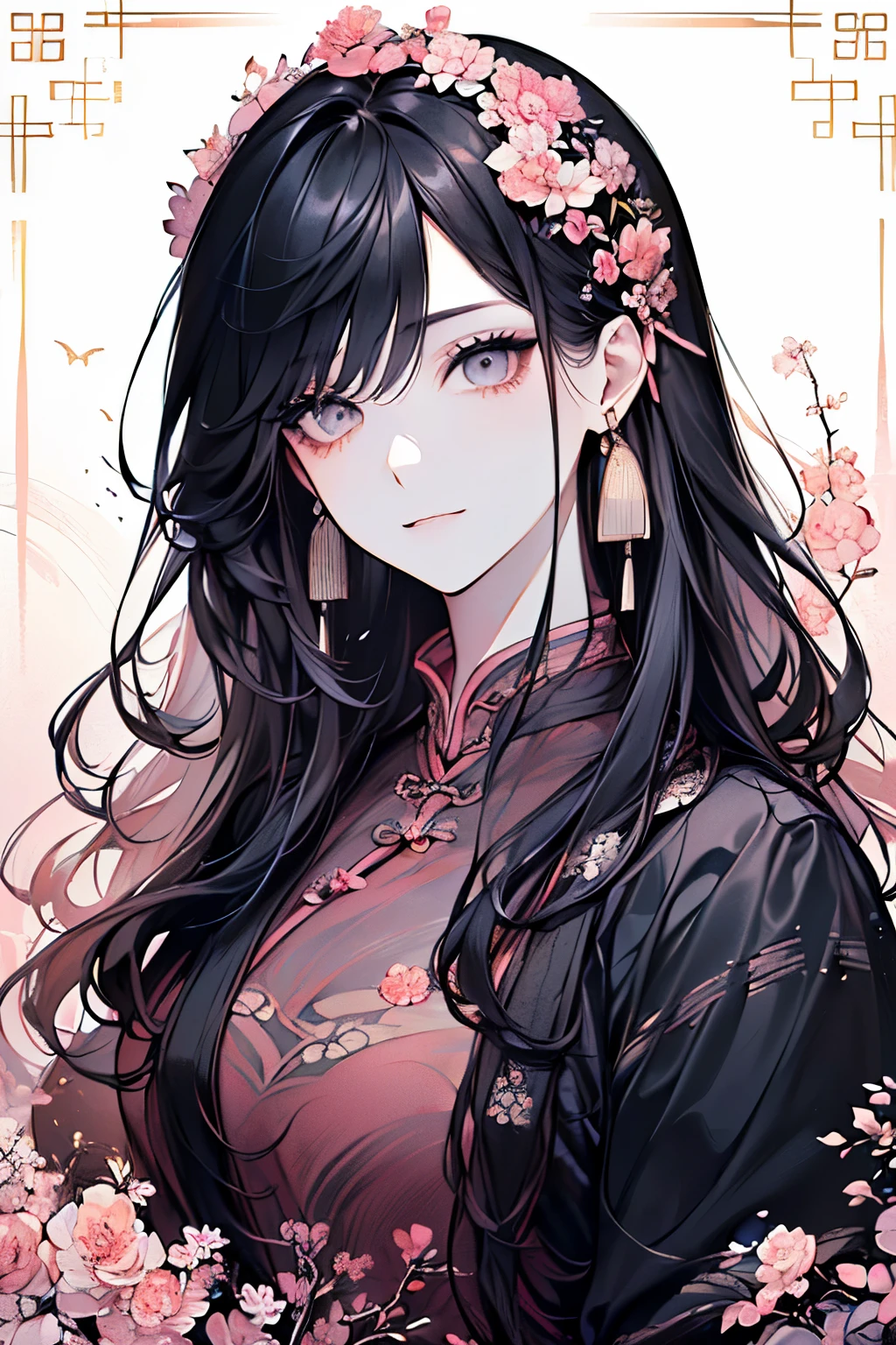 (Middle-aged adult woman:1.45)、(masterpiece、highest quality、highest quality、Beautiful and beautiful:1.2)、(Good anatomy:1.5)、(Long wavy hair:1.5)、(black hair:1.4)、(Rich nature background:1.2)、(Hanfu costume:1.35)、Large earrings、((Lightyellow、orange、Pink costume:1.1))、(Dark Eyes:1.3)、((Elegant and luxurious atmosphere:1.2))、A gentle smile、Close-up of face