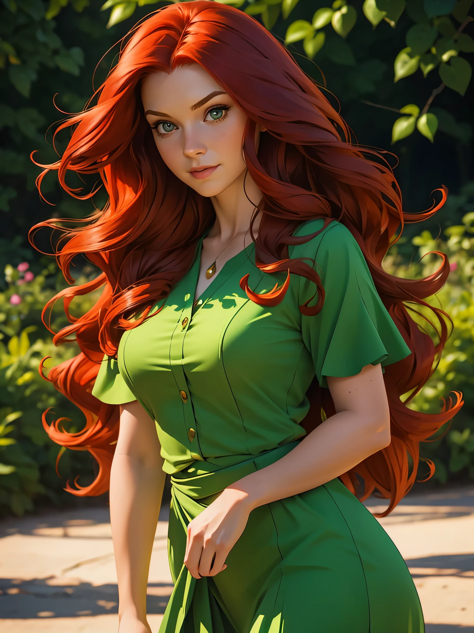 HD, (Best Detail) (Best Quality), redhead woman posing for photo with long red hair and green dress, mature and gorgeous, natural light and shadow