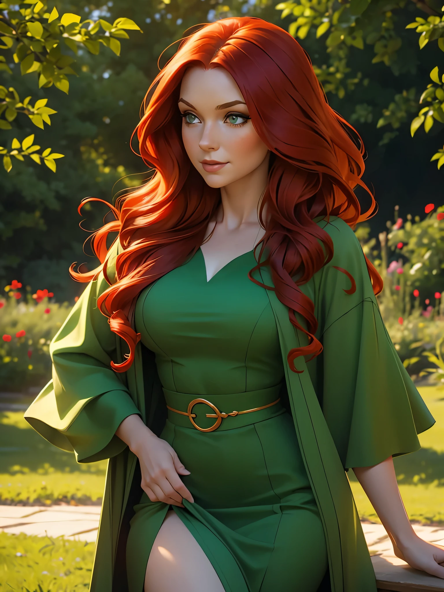 HD, (Best Detail) (Best Quality), redhead woman posing for photo with long red hair and green dress, mature and gorgeous, natural light and shadow