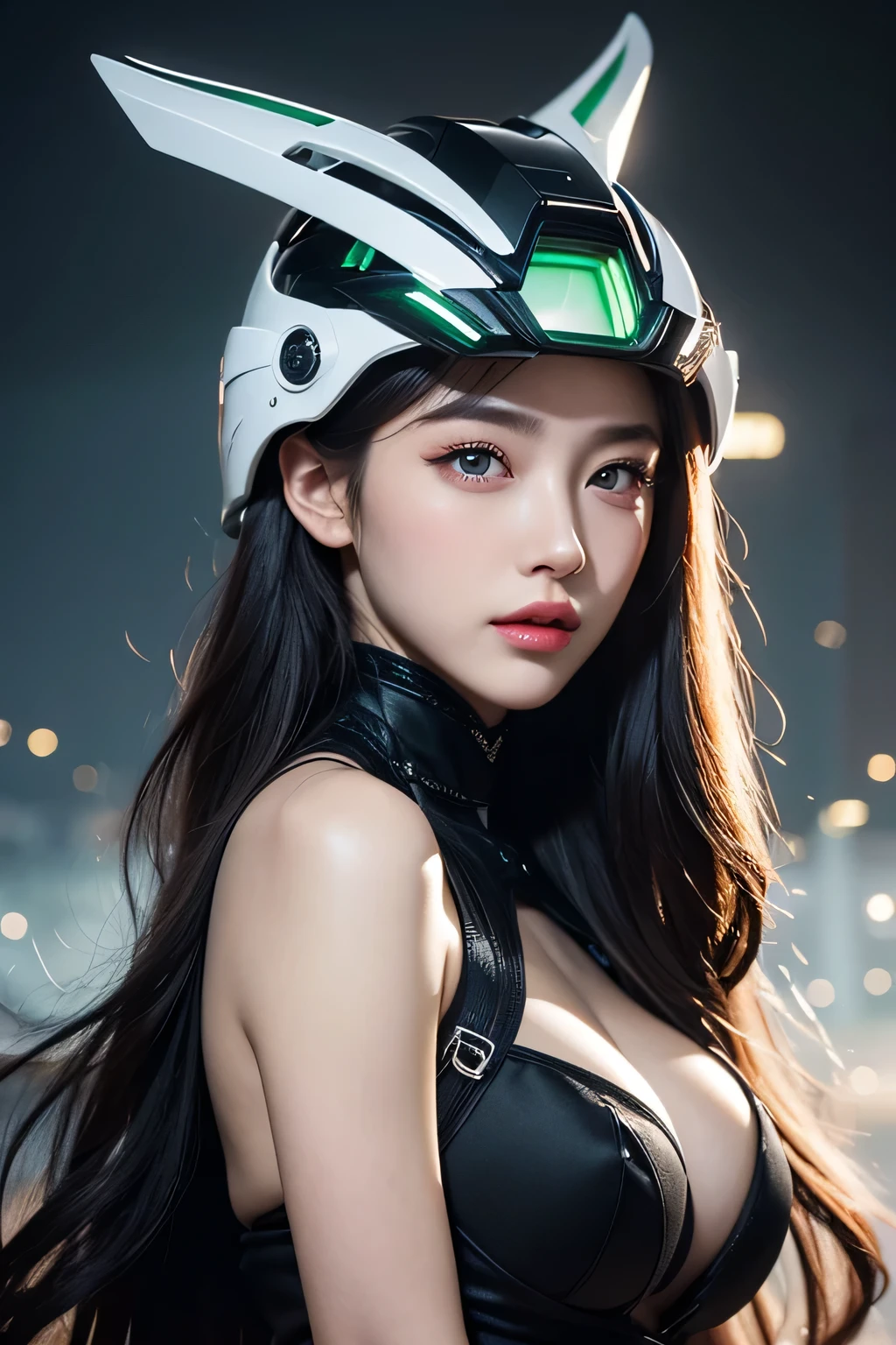 High-quality work,Realistic works,Super premium graphics,8K HD CG works,high quality graphics,High-definition and exquisite CG works,10x pixels,Ultra-fine details:1.1,Advanced technical details:1.1Realistic photo effects,Interior lighting effects:1.5,natural soft light:1.5. Light effect(Virtual light effects:1.8),Ultra-high resolution,shining dress,sliver long hair,silber hair,transparenthair,high detailed hair(Quality hair details:1.1)Clear eyes,Double eyelids look good,Sharp eye makeup, Create exquisite eyelash makeup, tthin eyebrows, Ultra-detailed eyes,a tall nose, lovely red lips, rosey cheeks, With delicate makeup on her face , pretty face, The face shape is perfectly proportioned,(Advanced facial details:1.1) Highest image quality, outstanding details, ultra-high resolution, (realism: 1.4), the best illustration, favor details, highly condensed 1girl, with a delicate and beautiful face, dressed in a black and green mecha, wearing a mecha helmet, holding a directional controller, riding on a motorcycle, the background is a high-tech lighting scene of the future city. ,Women's artwork,Dress full body video,Reality,Amazing Cleavage,My eyes are very bright today