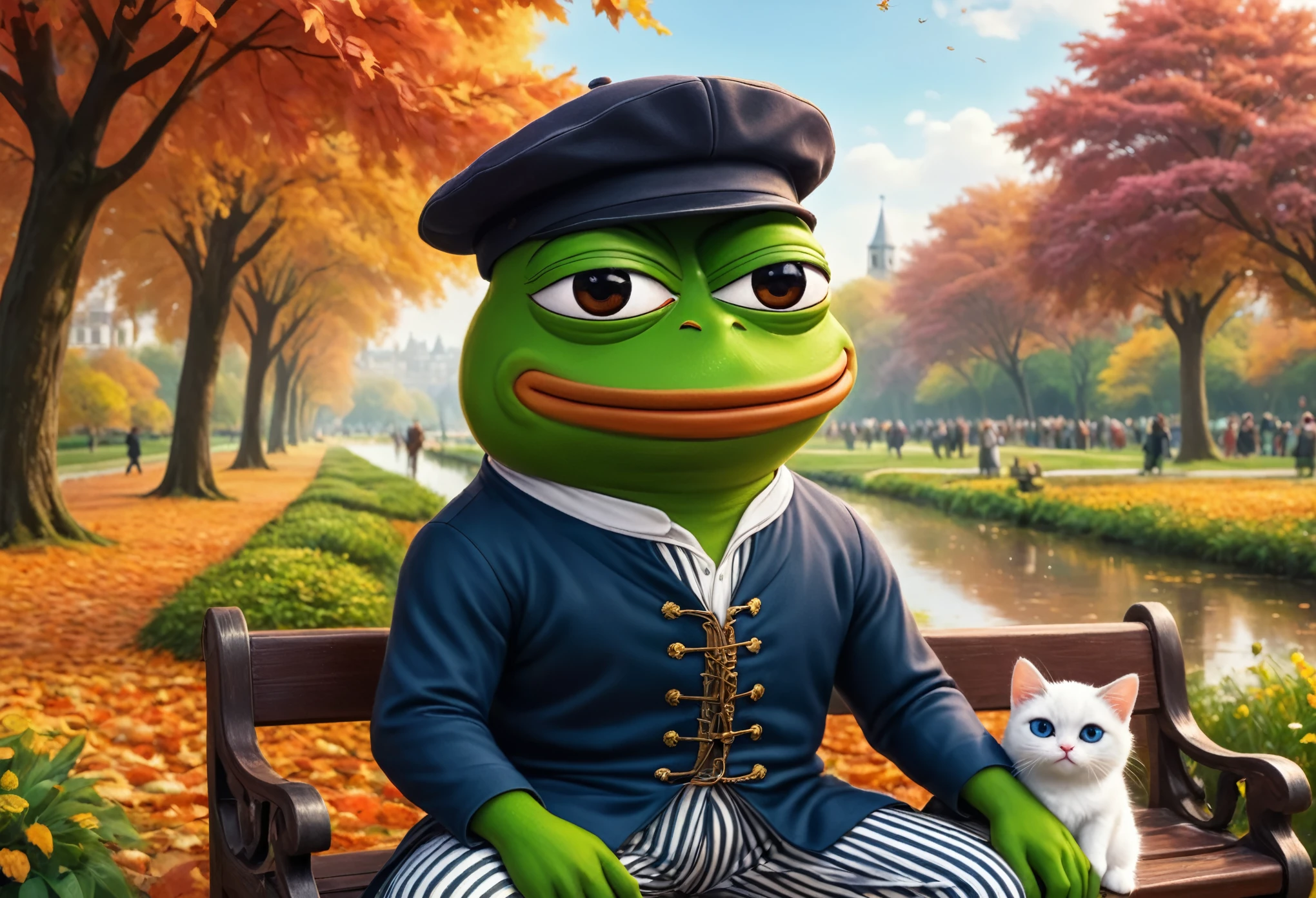 (masterpiece in maximum 16K resolution, superb quality, ultra detailed:1.3), (cute cartoon style), muscular pepe the frog, solo, frog, anthropomorphic, amphibian, smiling, pepe_frog, ((close-up front view)), sitting on the ornate bench in the autumn park and ((holding a cute kitten)) in its hands, wearing a stylish ((medieval poet attire)), flat feathered cap, striped loose pants, under the blooming canopy, cityscape in the distance.