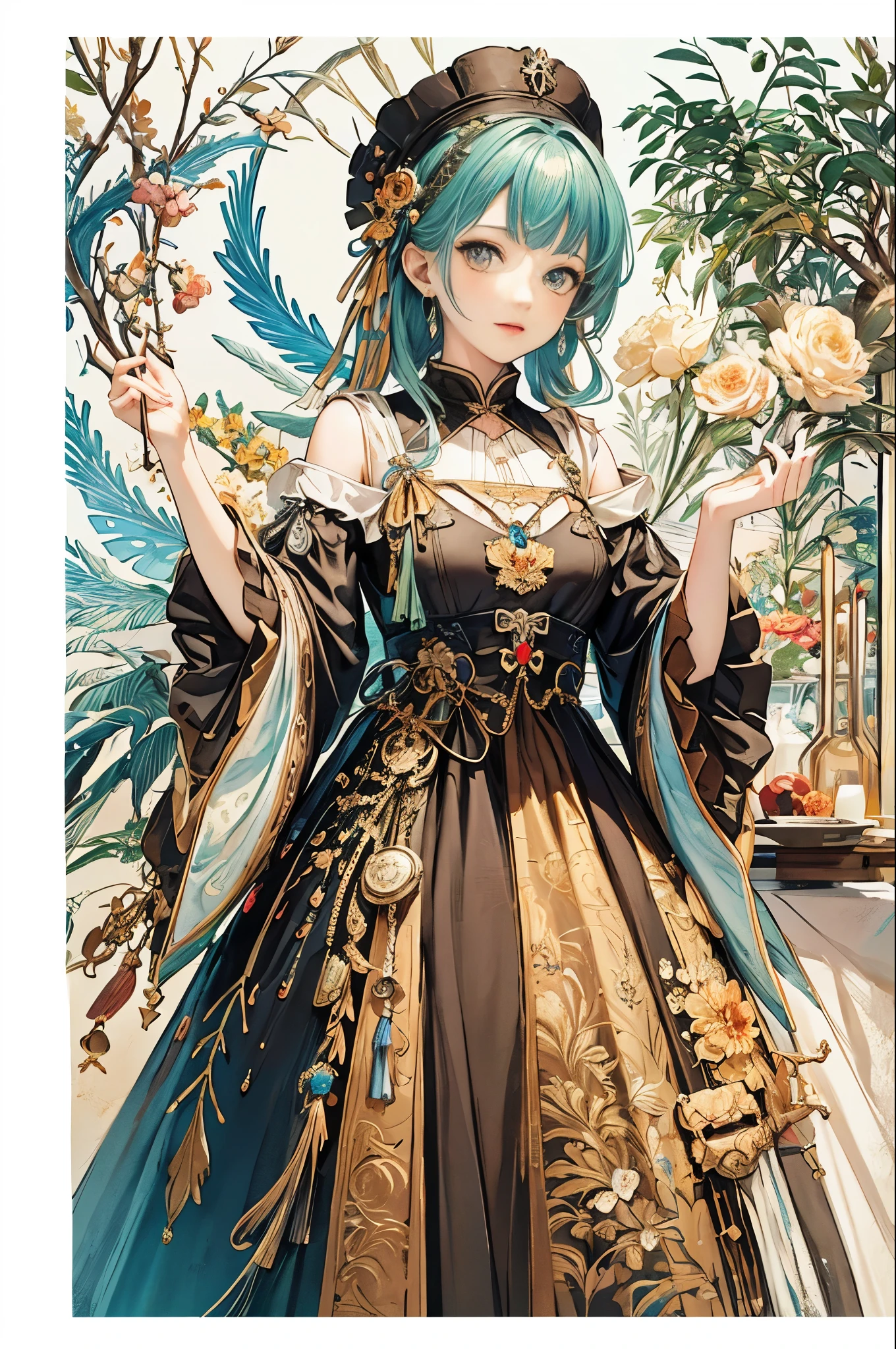 (On the table, Highest quality, best quality, Official Art, beautiful and aesthetic:1.2), (1 Girl), Very detailed,(Fractal Art:1.3),rich and colorful,Highest detail,Eye color is blue-green、
