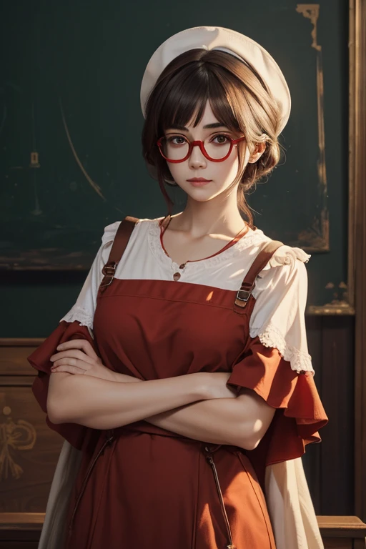In the center of the canvas，A lady，Her expression is focused and curious.，Wearing a pair of red square transparent glasses，Say LFG