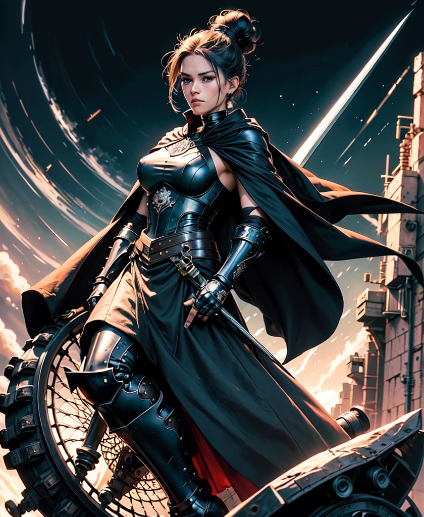 Serious expression, tightly closed lips, (Black high bun:1.2), (black steel armor:1.1) and robes (cape:1.2) Royal splendor (embroidery:0.5) With sword, Skinny (Neck shield :1.3), (masterpiece:1.2) (illustration:1.1) (best quality:1.2) (detailed) (Wheels within wheels) (8K) (HDR) (wallpaper) (movie lighting) (Clear focus)
