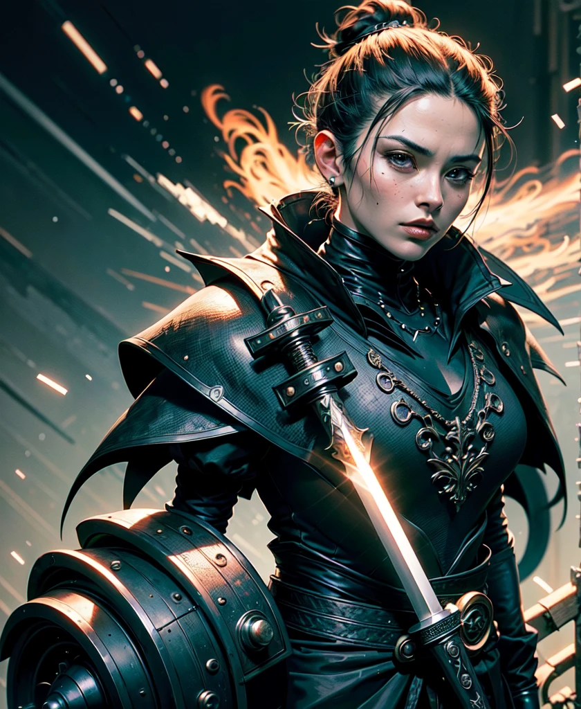 Serious expression, tightly closed lips, (Black high bun:1.2), (black steel armor:1.1) and robes (cape:1.2) Royal splendor (embroidery:0.5) With sword, Skinny (Neck shield :1.3), (masterpiece:1.2) (illustration:1.1) (best quality:1.2) (detailed) (Wheels within wheels) (8K) (HDR) (wallpaper) (movie lighting) (Clear focus)