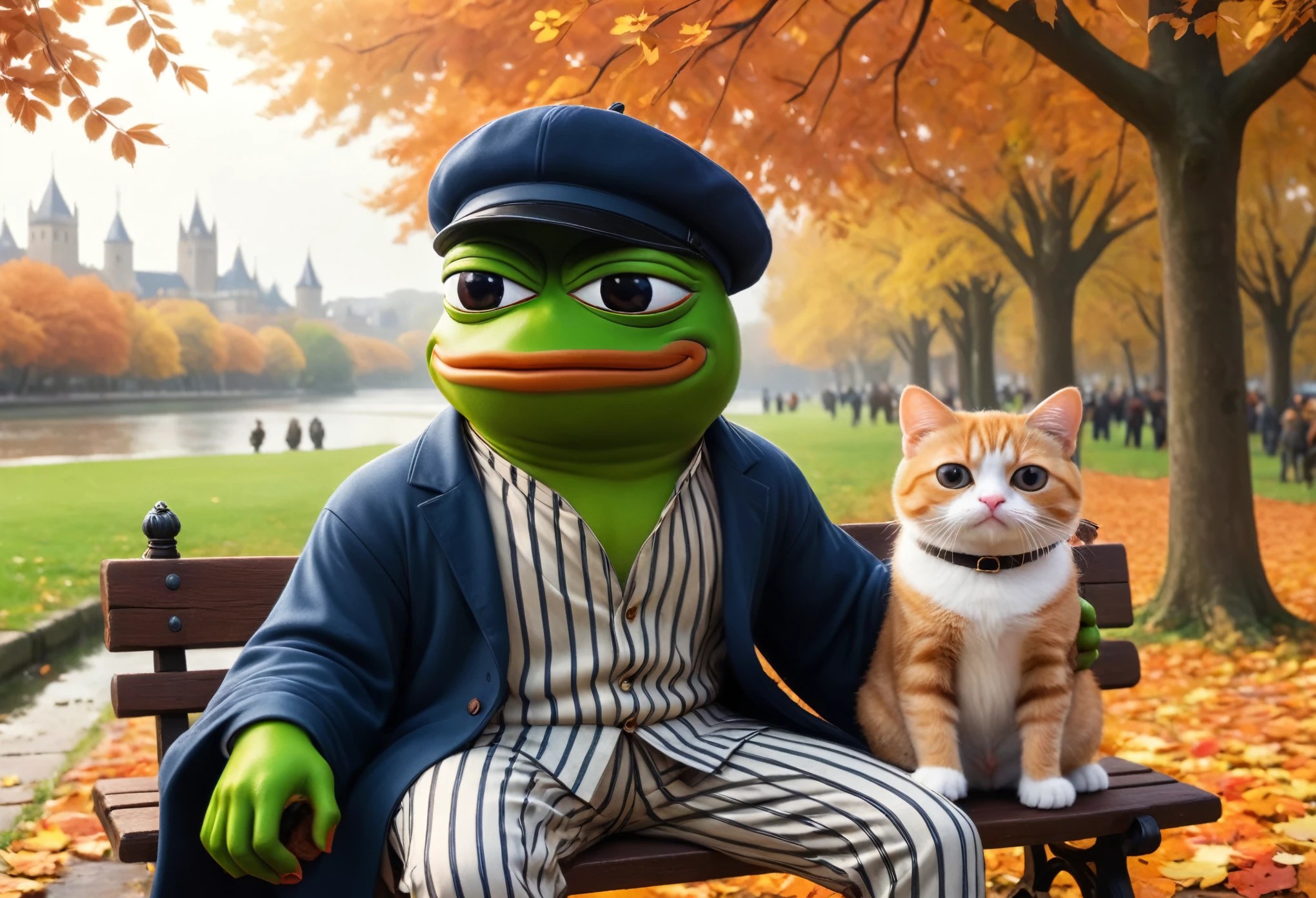 (masterpiece in maximum 16K resolution, superb quality, ultra detailed:1.3), (cute cartoon style), muscular pepe the frog, solo, frog, anthropomorphic, amphibian, smiling, pepe_frog, ((close-up front view)), sitting on the ornate bench in the autumn park and ((holding a cute kitten)) in its hands, wearing a stylish ((medieval poet attire)), flat feathered cap, striped loose pants, under the blooming canopy, cityscape in the distance.