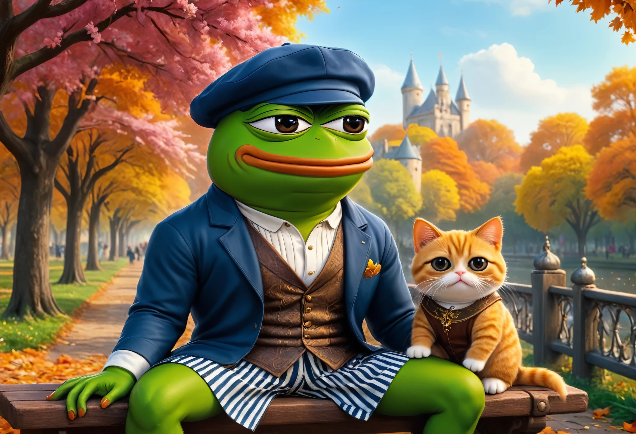 (masterpiece in maximum 16K resolution, superb quality, ultra detailed:1.3), muscular pepe the frog, solo, frog, anthropomorphic, amphibian, smiling, pepe_frog, ((close-up front view)), sitting on the ornate bench in the autumn park and ((holding a cute kitten)) in its hands, wearing a stylish leather jackets, T-shirt, ((a backwards cap)), under the blooming canopy, cityscape in the distance.
